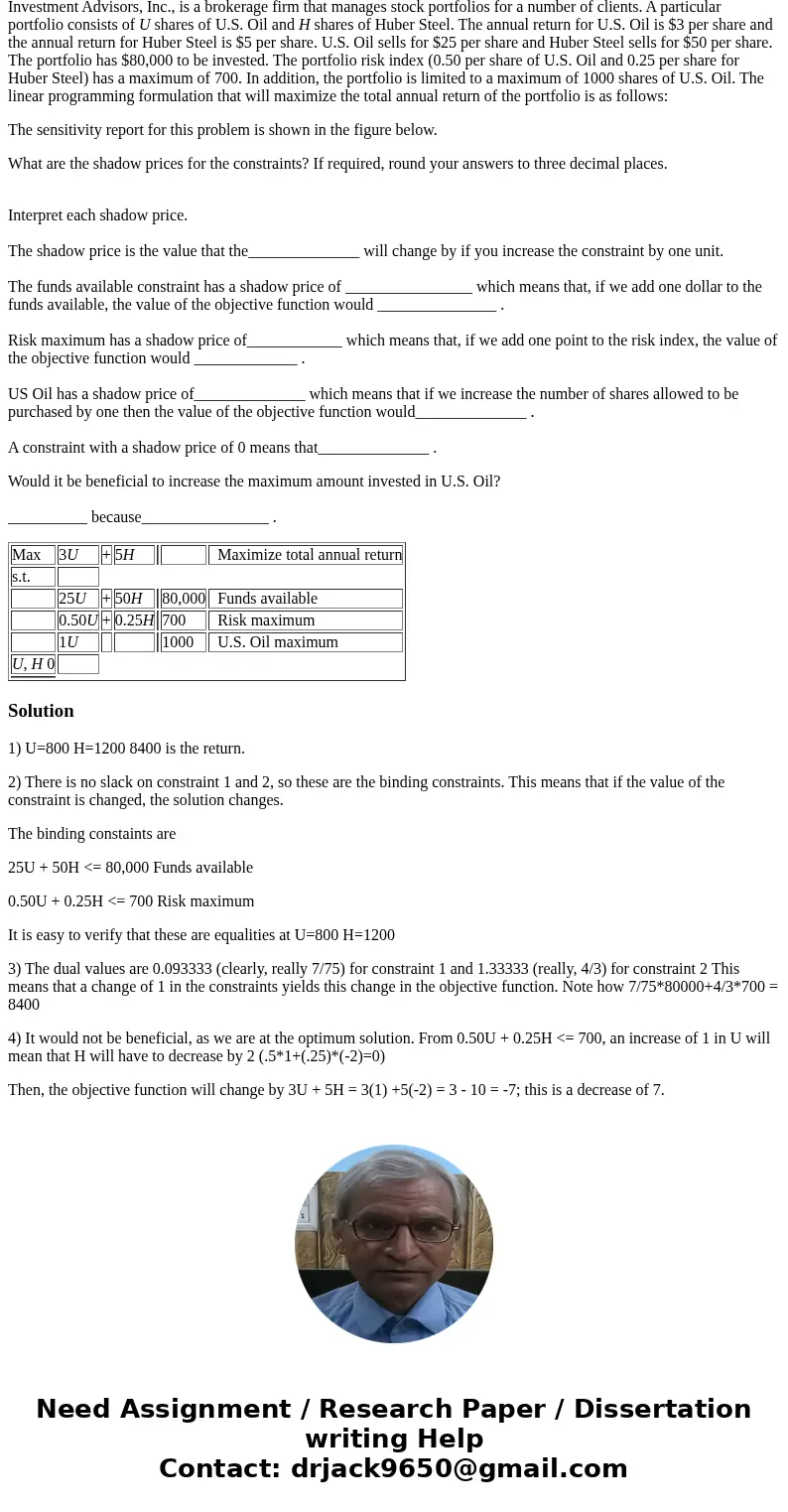 Investment Advisors, Inc., is a brokerage firm that manages stock portfolios for a number of clients. A particular portfolio consists of U shares of U.S. Oil an