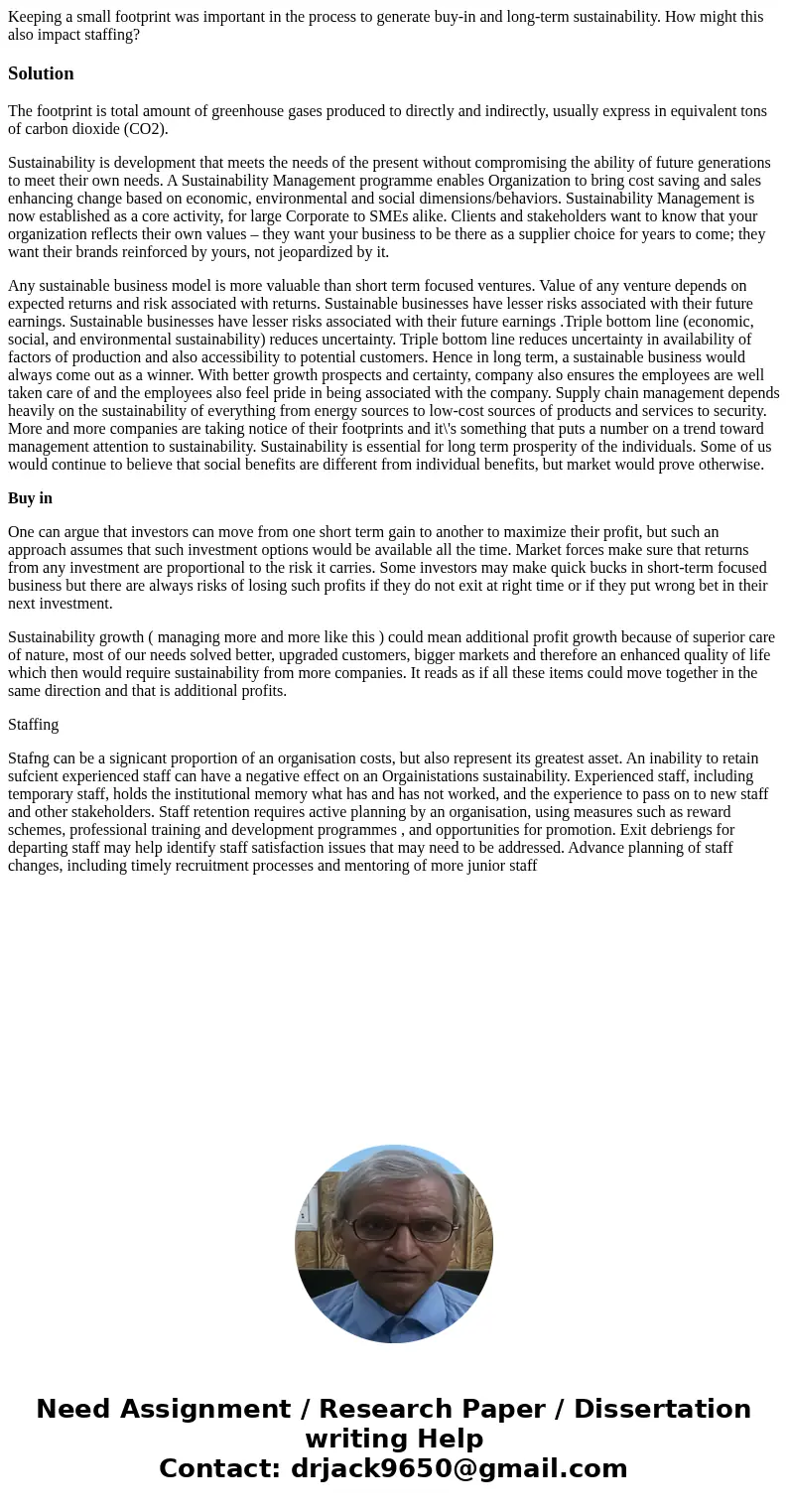 Keeping a small footprint was important in the process to generate buy-in and long-term sustainability. How might this also impact staffing?SolutionThe footprin Keeping a small footprint was important in the process to generate buy-in and long-term sustainability. How might this also impact staffing?SolutionThe footprin