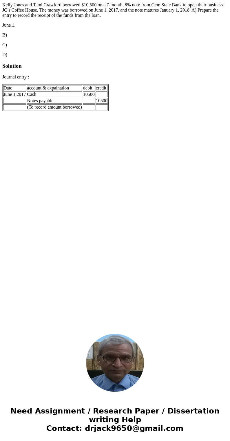 Kelly Jones and Tami Crawford borrowed $10,500 on a 7-month, 8% note from Gem State Bank to open their business, JC’s Coffee House. The money was borrowed on Ju Kelly Jones and Tami Crawford borrowed $10,500 on a 7-month, 8% note from Gem State Bank to open their business, JC’s Coffee House. The money was borrowed on Ju