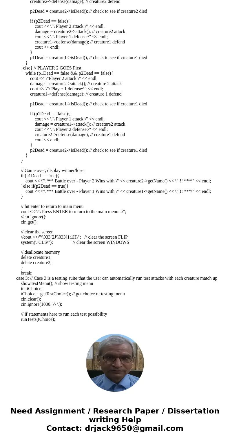 Language: C++ Original Question: http://www.chegg.com/homework-help/questions-and-answers/project-using-c-create-simple-class-hierarchy-basis-fantasy-combat-gam Language: C++ Original Question: http://www.chegg.com/homework-help/questions-and-answers/project-using-c-create-simple-class-hierarchy-basis-fantasy-combat-gam