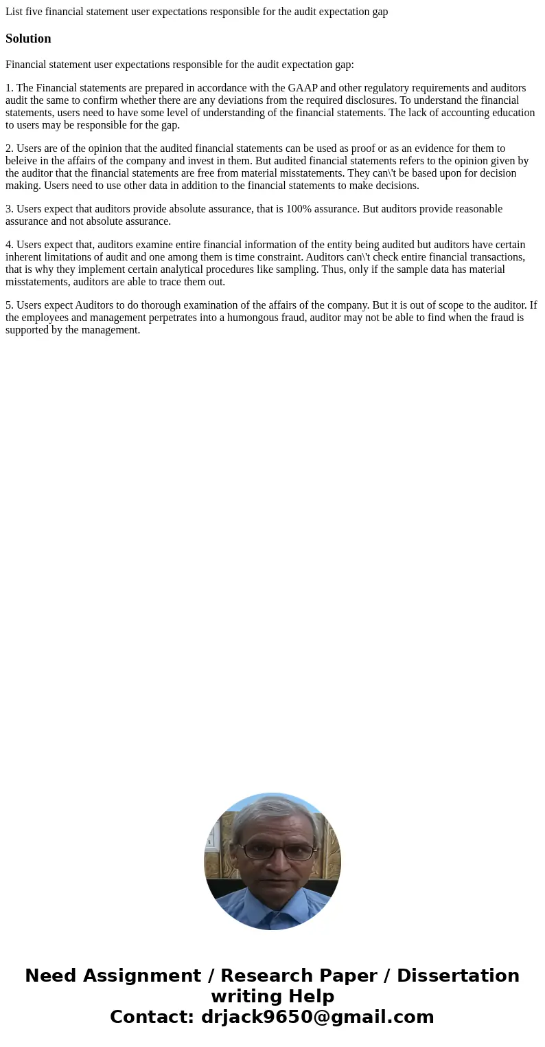 List five financial statement user expectations responsible for the audit expectation gapSolutionFinancial statement user expectations responsible for the audit List five financial statement user expectations responsible for the audit expectation gapSolutionFinancial statement user expectations responsible for the audit