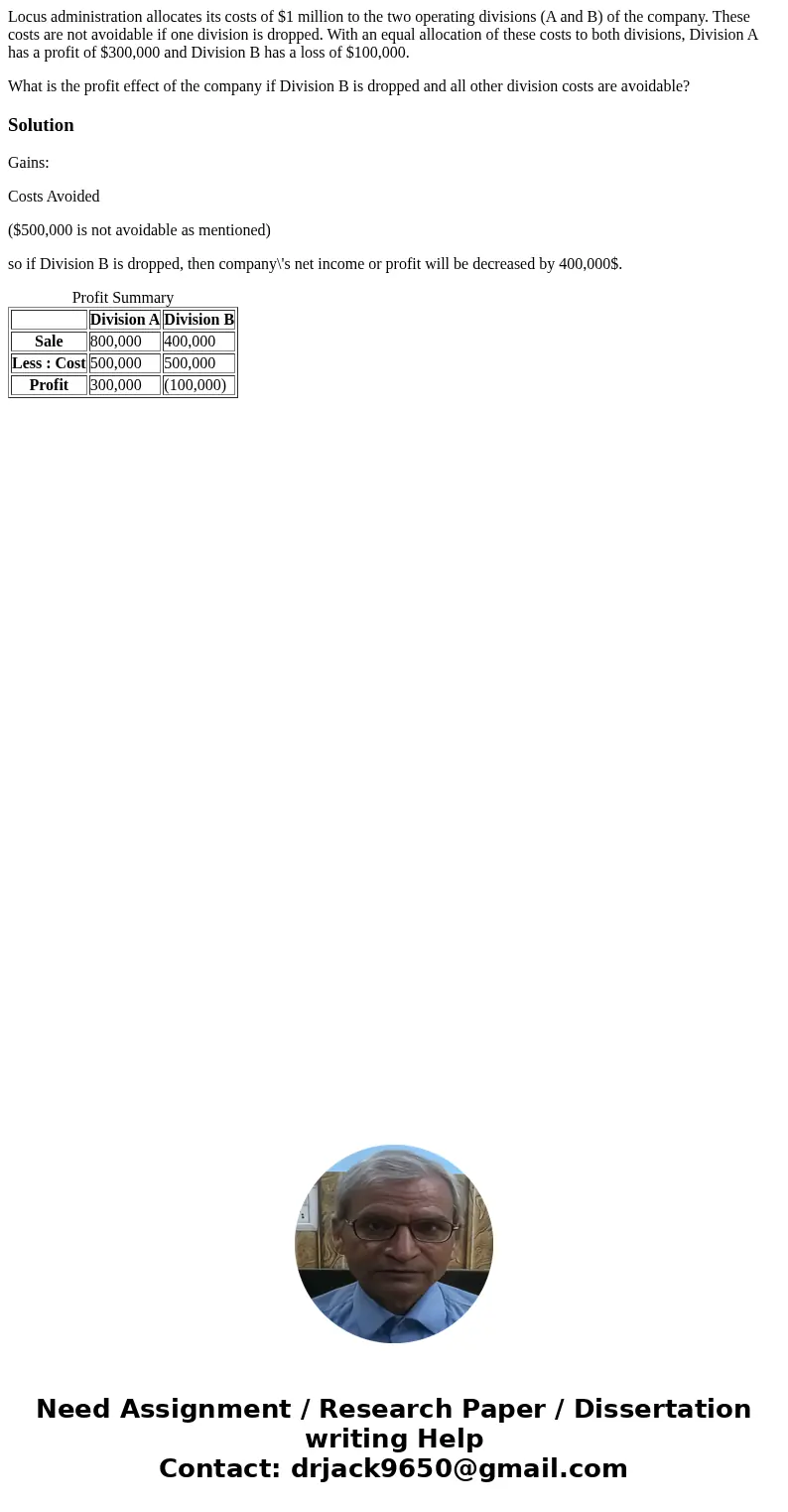 Locus administration allocates its costs of $1 million to the two operating divisions (A and B) of the company. These costs are not avoidable if one division is Locus administration allocates its costs of $1 million to the two operating divisions (A and B) of the company. These costs are not avoidable if one division is