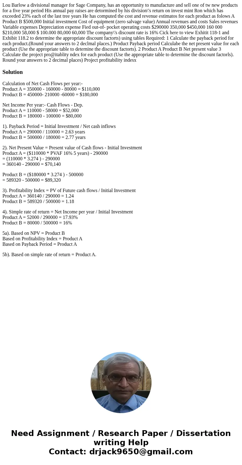 Lou Barlow a divisional manager for Sage Company, has an opportunity to manufacture and sell one of tw new products for a five year period His annual pay raise  Lou Barlow a divisional manager for Sage Company, has an opportunity to manufacture and sell one of tw new products for a five year period His annual pay raise