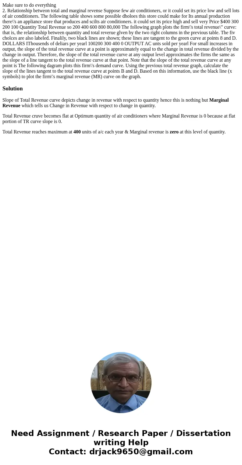 Make sure to do everything 2. Relationship betweon total and marginal revense Suppose few air conditioners, or it could set its price low and sell lots of air c Make sure to do everything 2. Relationship betweon total and marginal revense Suppose few air conditioners, or it could set its price low and sell lots of air c