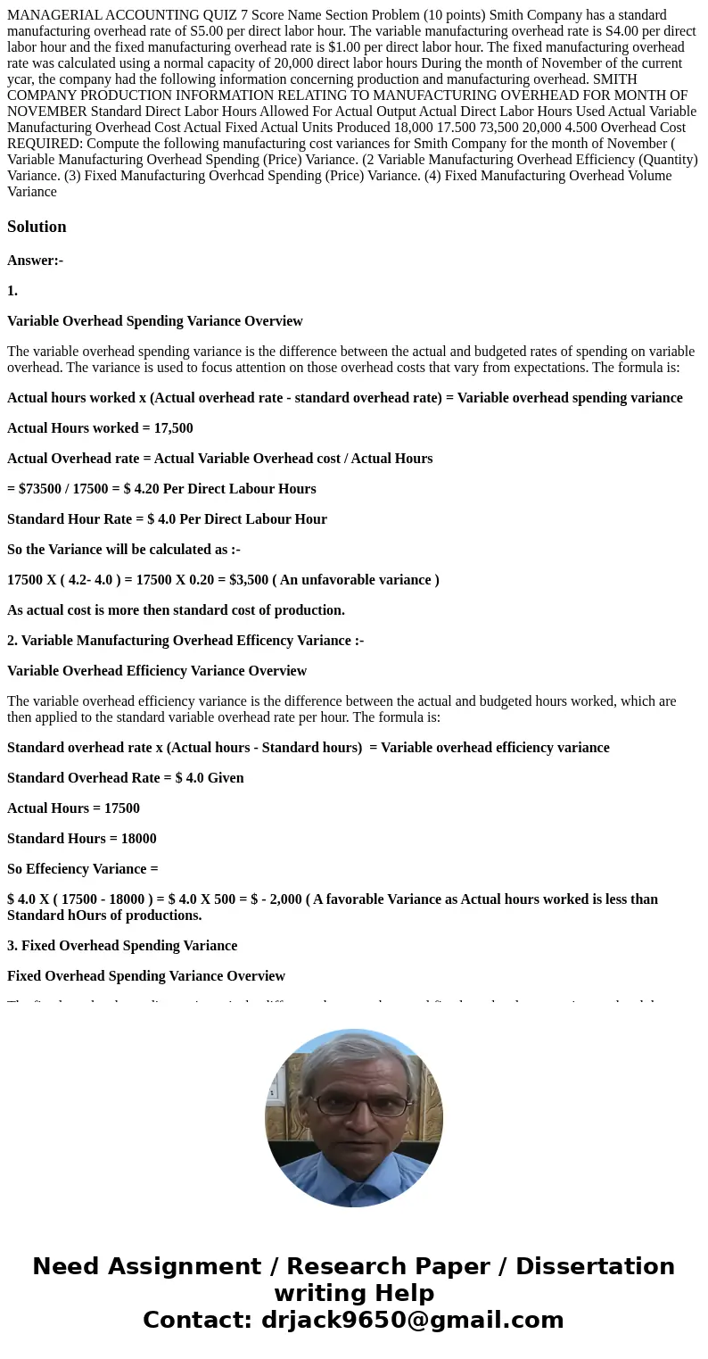 MANAGERIAL ACCOUNTING QUIZ 7 Score Name Section Problem (10 points) Smith Company has a standard manufacturing overhead rate of S5.00 per direct labor hour. Th  MANAGERIAL ACCOUNTING QUIZ 7 Score Name Section Problem (10 points) Smith Company has a standard manufacturing overhead rate of S5.00 per direct labor hour. Th