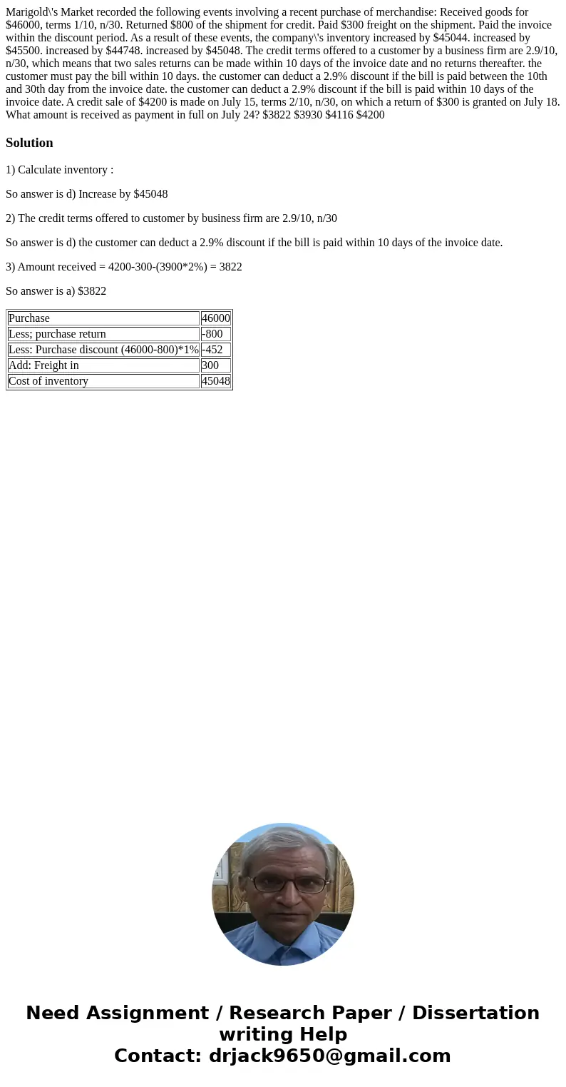 Marigold\'s Market recorded the following events involving a recent purchase of merchandise: Received goods for $46000, terms 1/10, n/30. Returned $800 of the   Marigold\'s Market recorded the following events involving a recent purchase of merchandise: Received goods for $46000, terms 1/10, n/30. Returned $800 of the