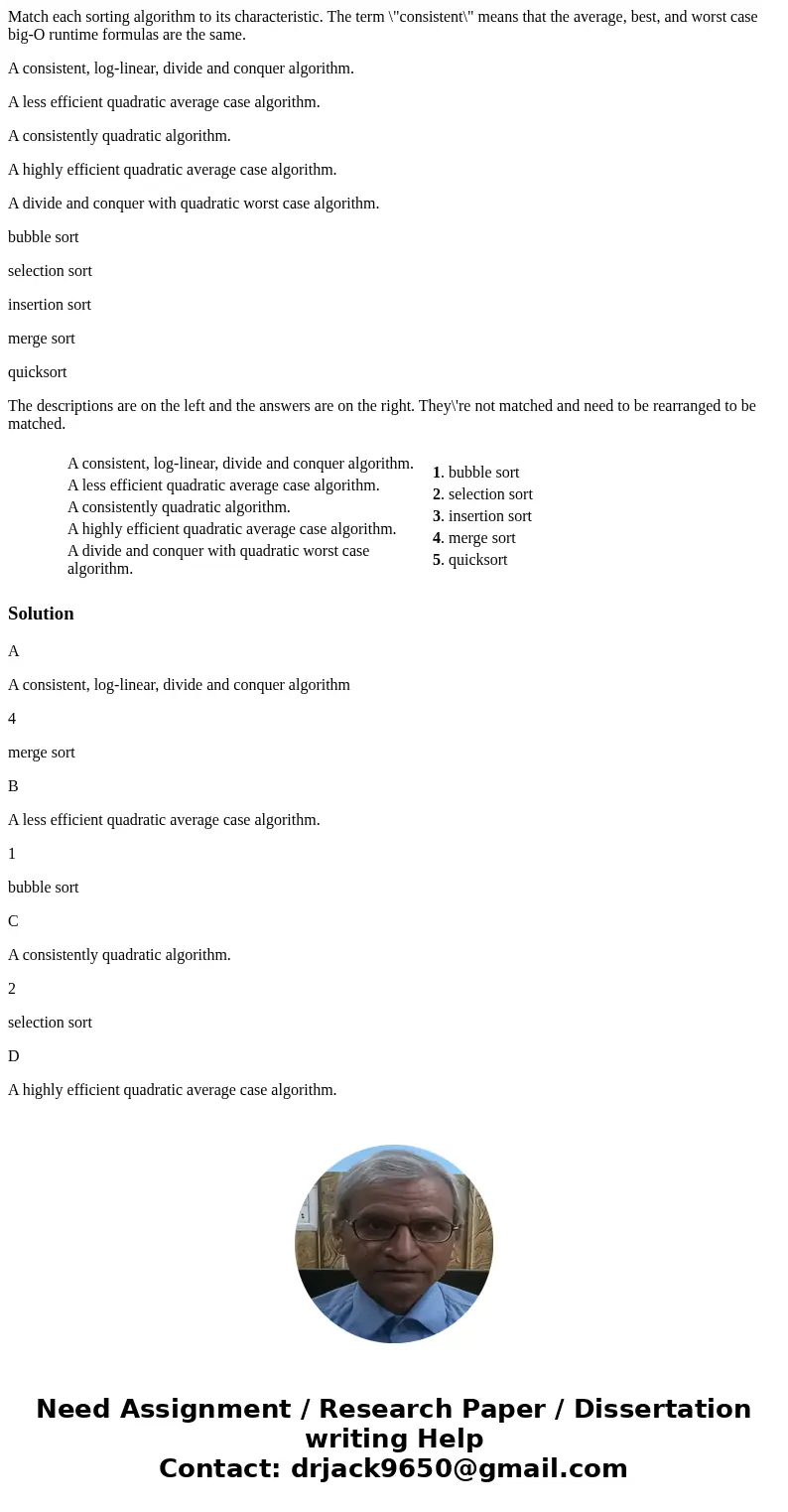 Match each sorting algorithm to its characteristic. The term \ Match each sorting algorithm to its characteristic. The term \