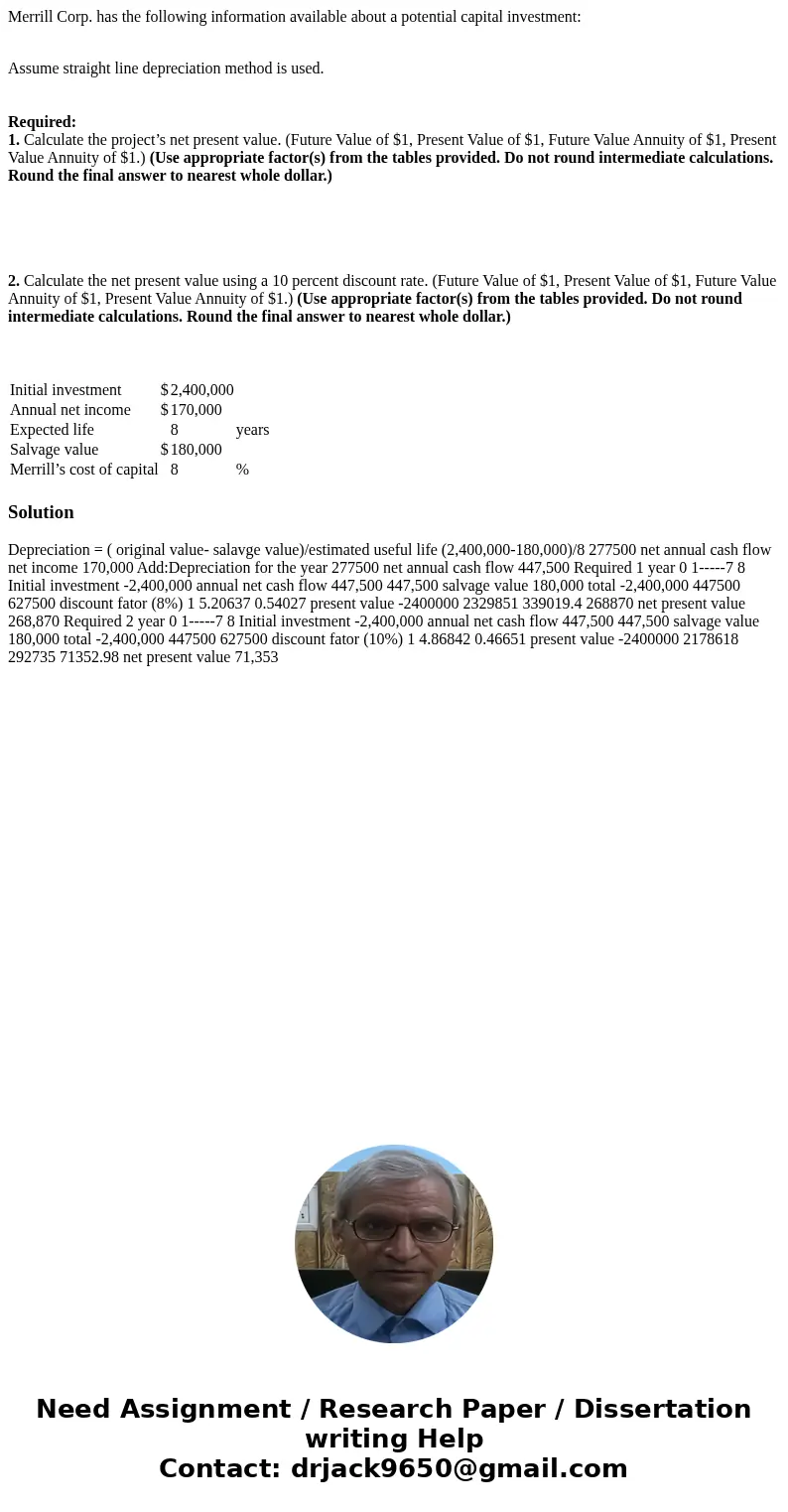 Merrill Corp. has the following information available about a potential capital investment: Assume straight line depreciation method is used. Required: 1. Calcu
