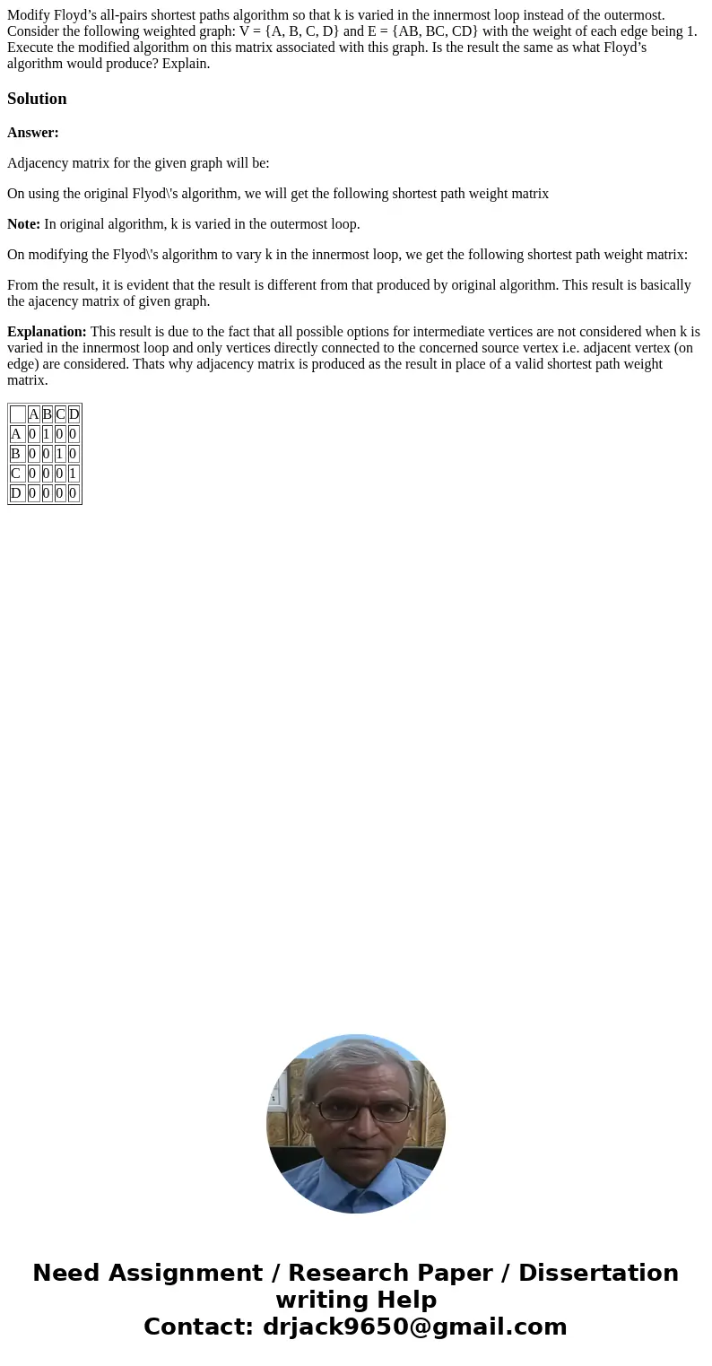 Modify Floyd’s all-pairs shortest paths algorithm so that k is varied in the innermost loop instead of the outermost. Consider the following weighted graph: V = Modify Floyd’s all-pairs shortest paths algorithm so that k is varied in the innermost loop instead of the outermost. Consider the following weighted graph: V =