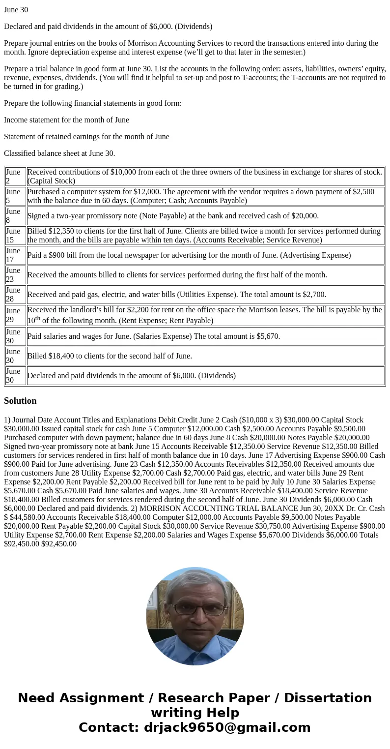 Morrison Accounting Services was organized on June 2 by a group of accountants to provide accounting and tax services to small businesses. The following transac Morrison Accounting Services was organized on June 2 by a group of accountants to provide accounting and tax services to small businesses. The following transac