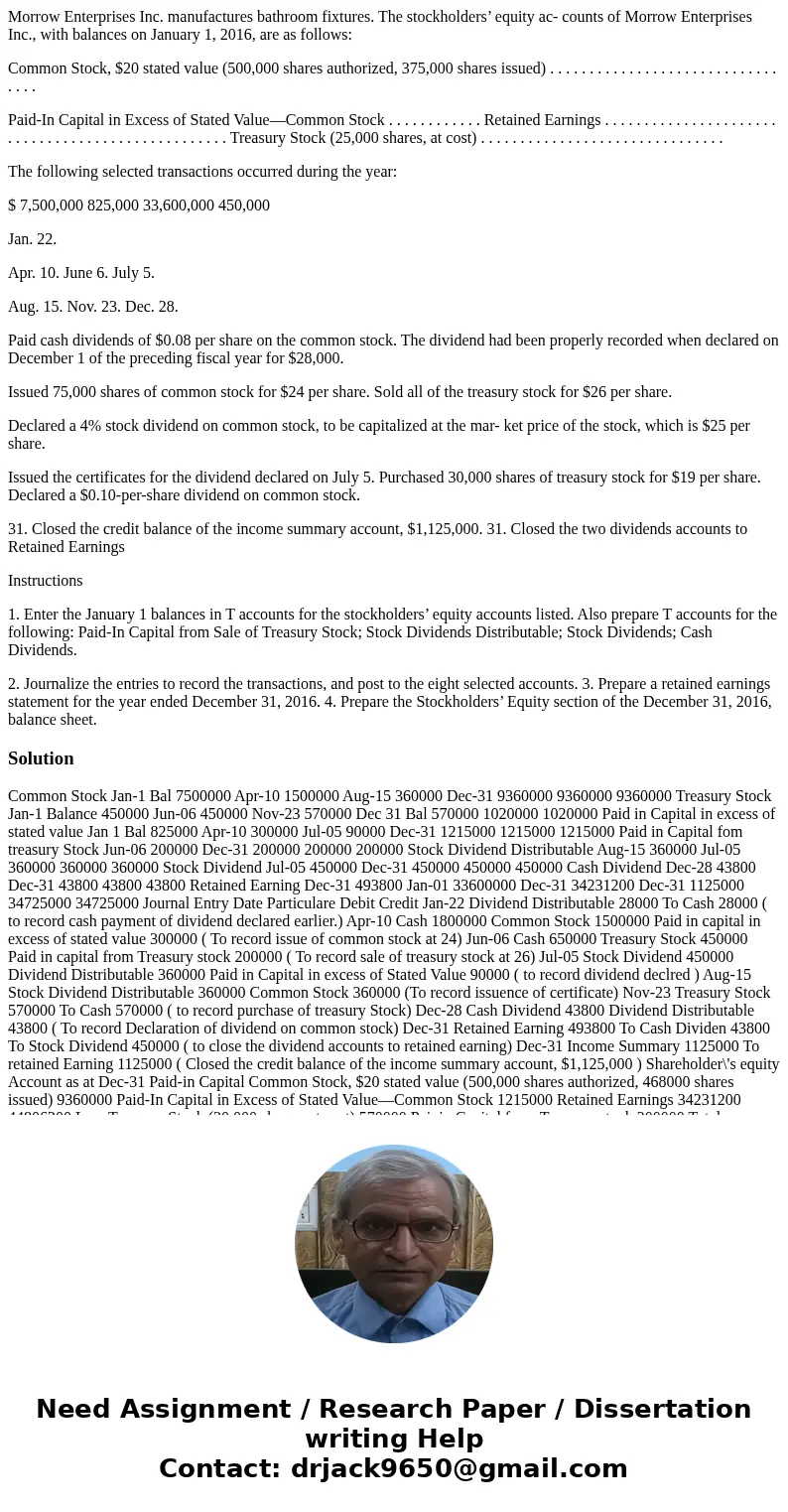 Morrow Enterprises Inc. manufactures bathroom fixtures. The stockholders’ equity ac- counts of Morrow Enterprises Inc., with balances on January 1, 2016, are as Morrow Enterprises Inc. manufactures bathroom fixtures. The stockholders’ equity ac- counts of Morrow Enterprises Inc., with balances on January 1, 2016, are as
