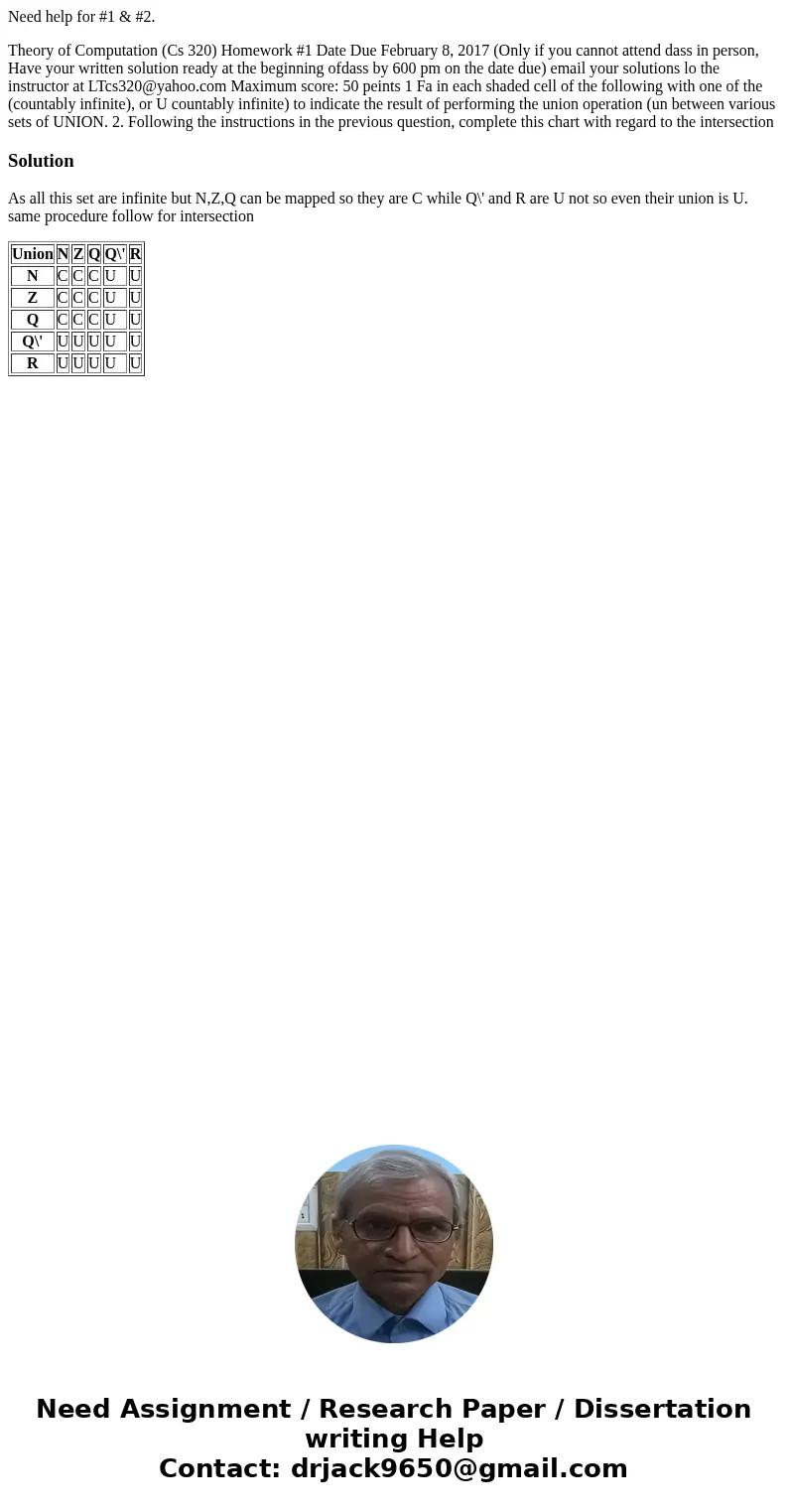  Need help for #1 & #2. Theory of Computation (Cs 320) Homework #1 Date Due February 8, 2017 (Only if you cannot attend dass in person, Have your written so