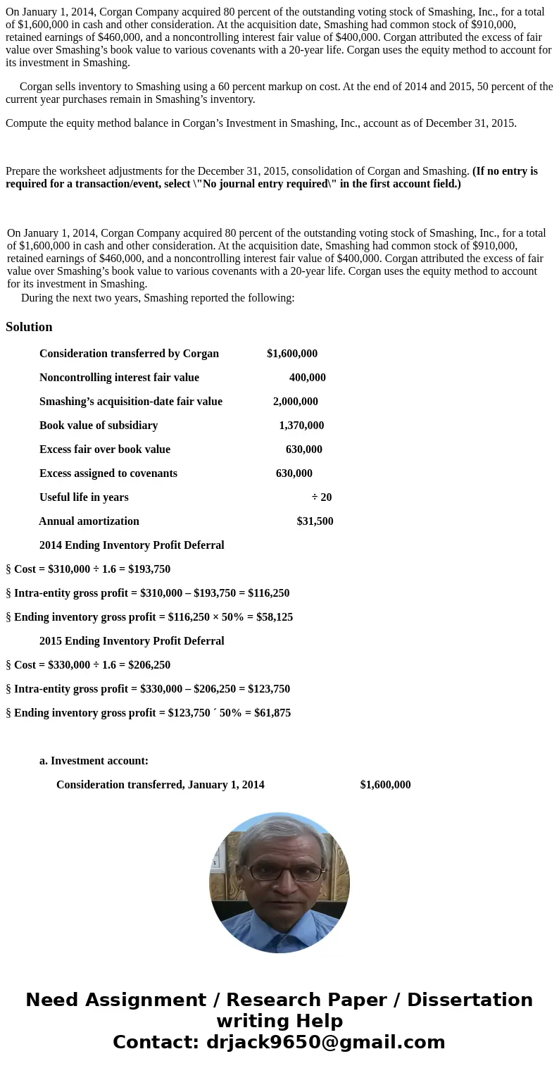On January 1, 2014, Corgan Company acquired 80 percent of the outstanding voting stock of Smashing, Inc., for a total of $1,600,000 in cash and other considerat