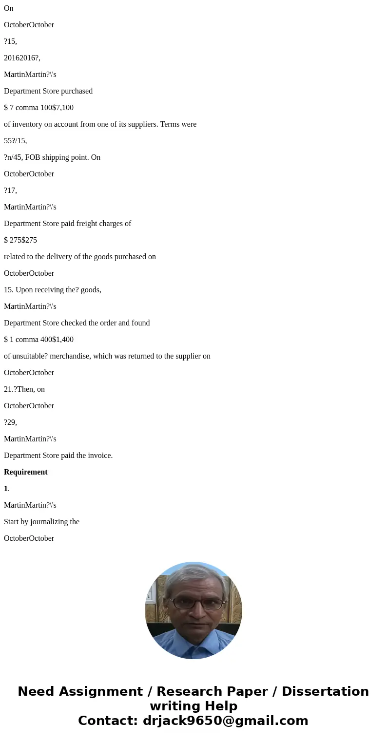 On OctoberOctober ?15, 20162016?, MartinMartin?\'s Department Store purchased $ 7 comma 100$7,100 of inventory on account from one of its suppliers. Terms were  On OctoberOctober ?15, 20162016?, MartinMartin?\'s Department Store purchased $ 7 comma 100$7,100 of inventory on account from one of its suppliers. Terms were
