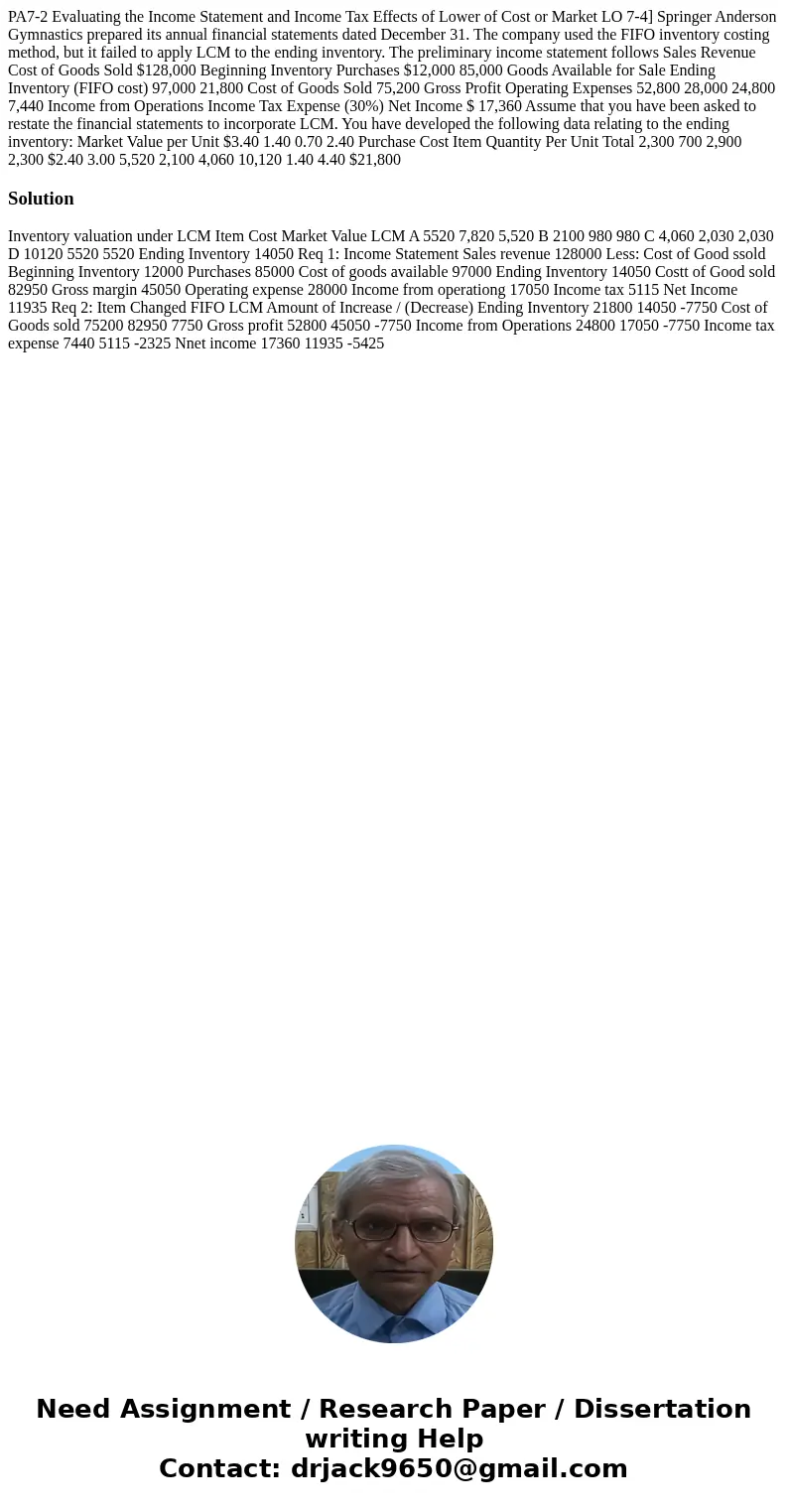  PA7-2 Evaluating the Income Statement and Income Tax Effects of Lower of Cost or Market LO 7-4] Springer Anderson Gymnastics prepared its annual financial stat