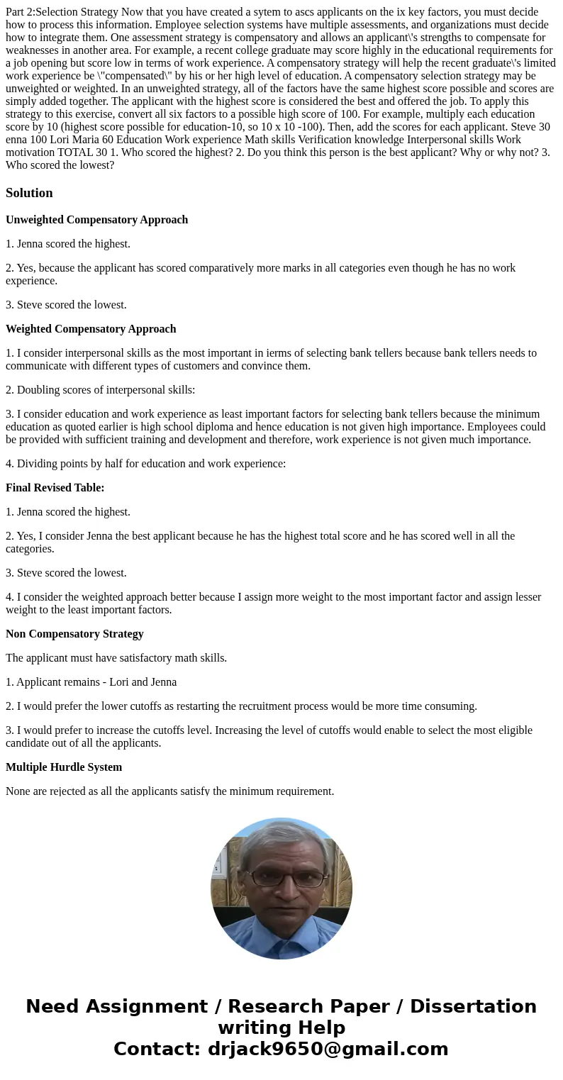 Part 2:Selection Strategy Now that you have created a sytem to ascs applicants on the ix key factors, you must decide how to process this information. Employee  Part 2:Selection Strategy Now that you have created a sytem to ascs applicants on the ix key factors, you must decide how to process this information. Employee