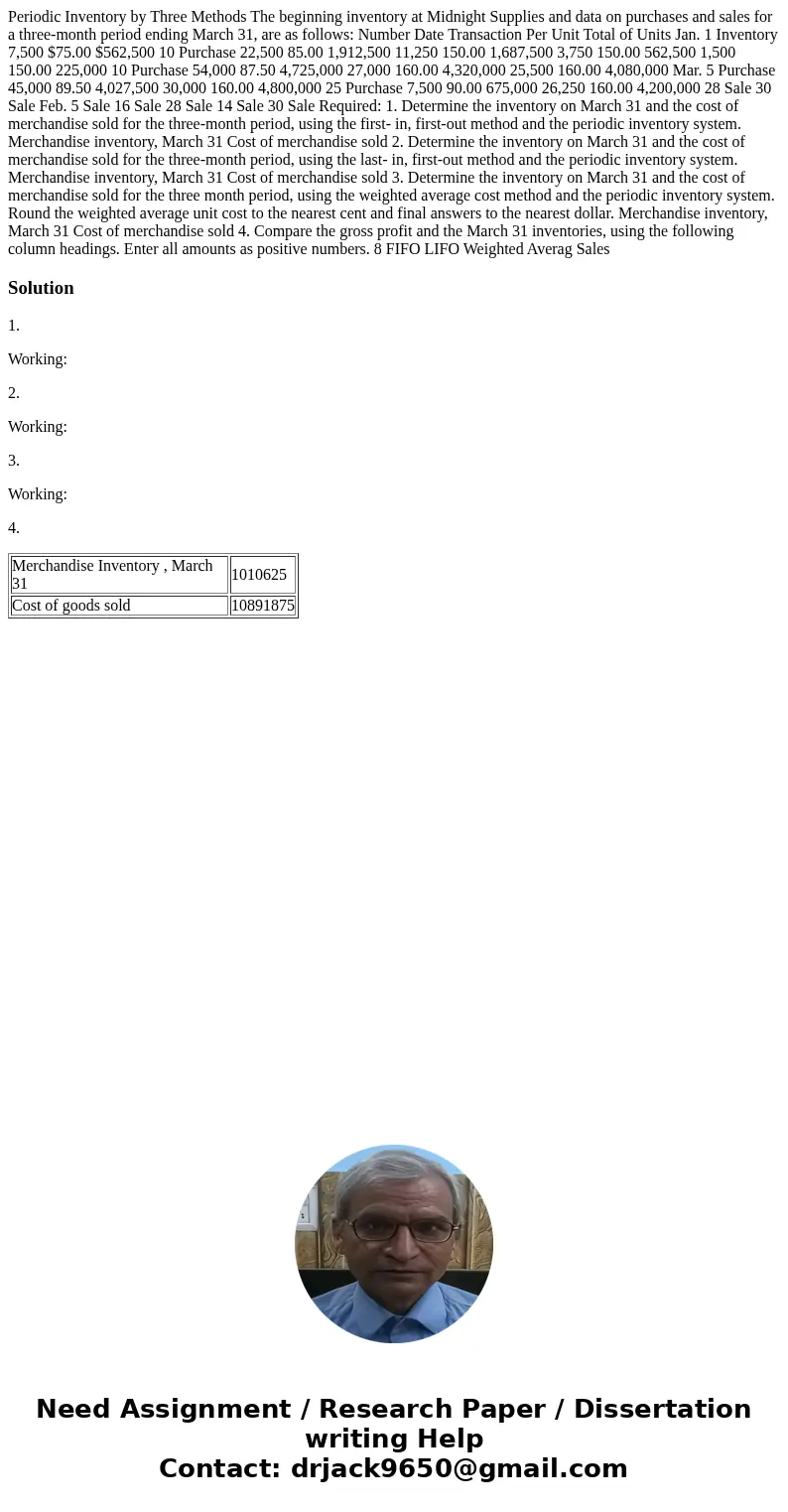  Periodic Inventory by Three Methods The beginning inventory at Midnight Supplies and data on purchases and sales for a three-month period ending March 31, are 
