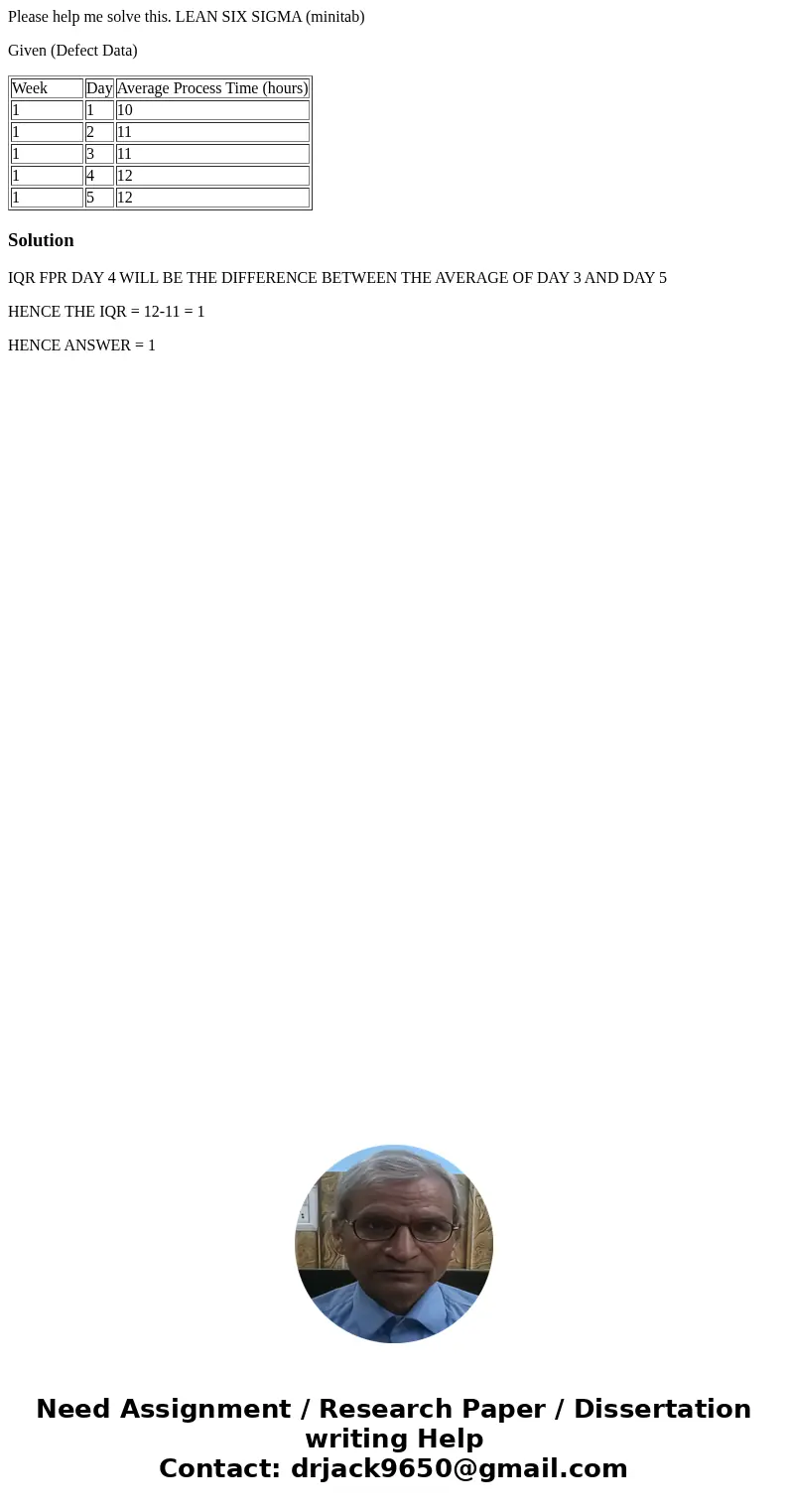 Please help me solve this. LEAN SIX SIGMA (minitab) Given (Defect Data) Week Day Average Process Time (hours) 1 1 10 1 2 11 1 3 11 1 4 12 1 5 12 SolutionIQR FPR Please help me solve this. LEAN SIX SIGMA (minitab) Given (Defect Data) Week Day Average Process Time (hours) 1 1 10 1 2 11 1 3 11 1 4 12 1 5 12 SolutionIQR FPR