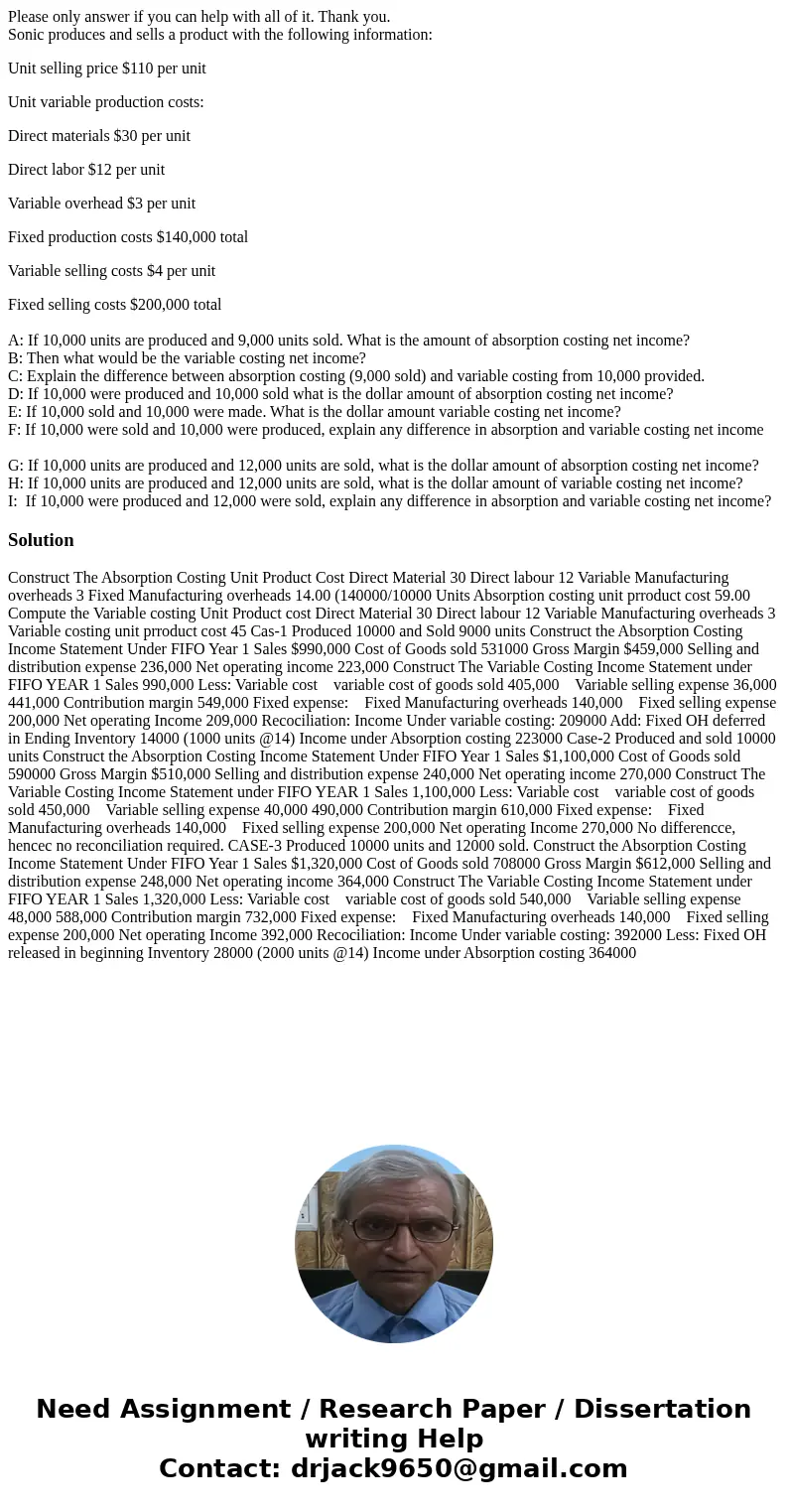 Please only answer if you can help with all of it. Thank you. Sonic produces and sells a product with the following information: Unit selling price $110 per uni Please only answer if you can help with all of it. Thank you. Sonic produces and sells a product with the following information: Unit selling price $110 per uni
