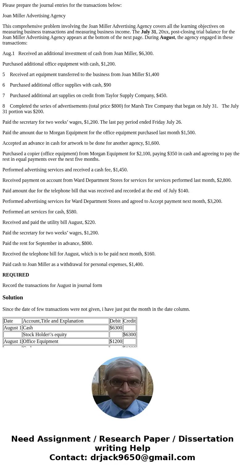 Please prepare the journal entries for the transactions below: Joan Miller Advertising Agency This comprehensive problem involving the Joan Miller Advertising A Please prepare the journal entries for the transactions below: Joan Miller Advertising Agency This comprehensive problem involving the Joan Miller Advertising A