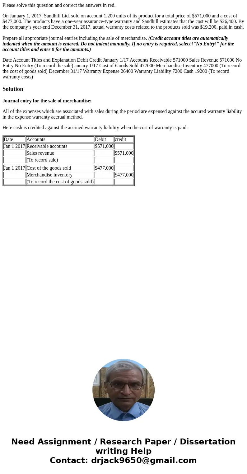 Please solve this question and correct the answers in red. On January 1, 2017, Sandhill Ltd. sold on account 1,200 units of its product for a total price of $57 Please solve this question and correct the answers in red. On January 1, 2017, Sandhill Ltd. sold on account 1,200 units of its product for a total price of $57