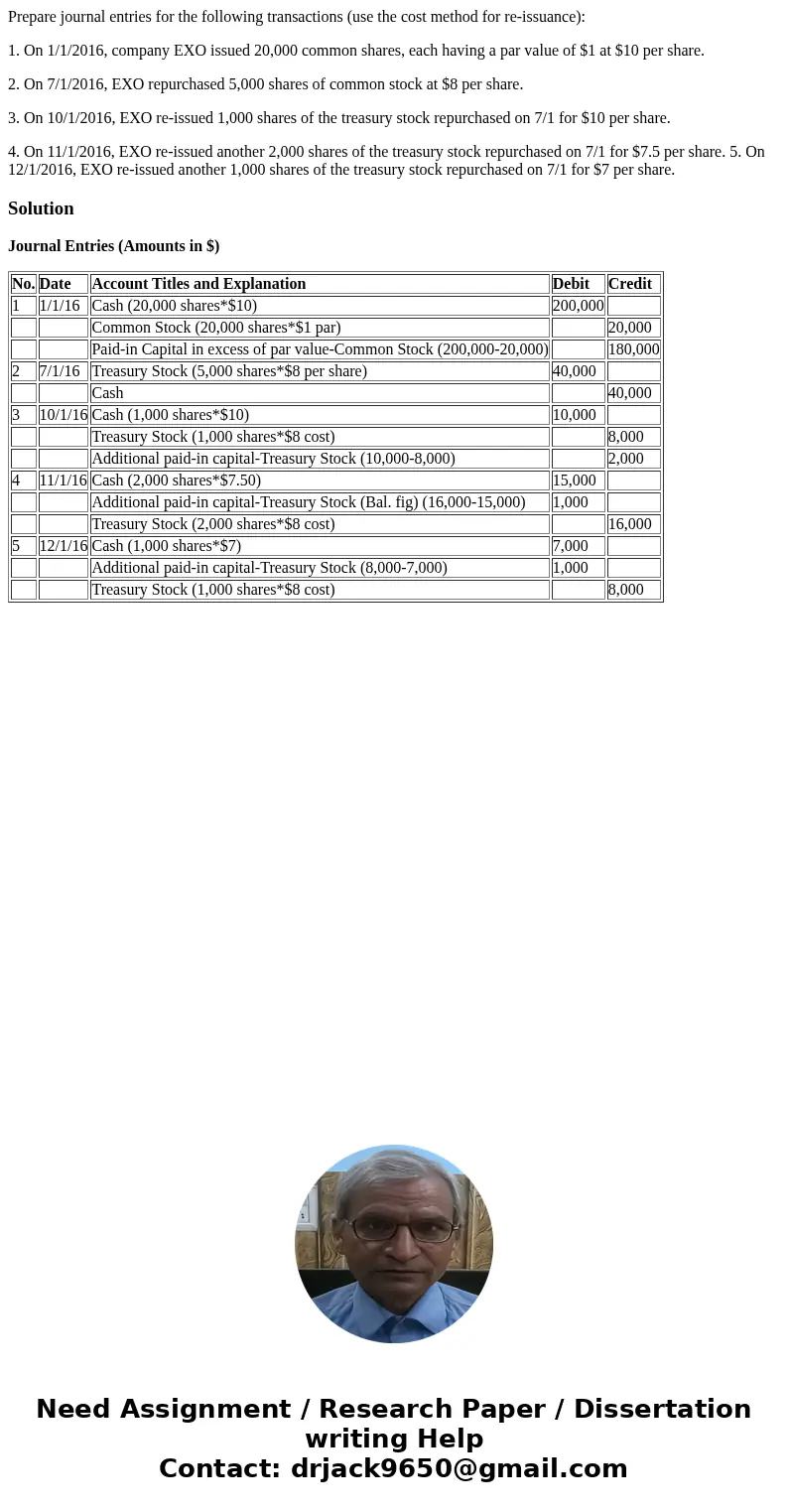 Prepare journal entries for the following transactions (use the cost method for re-issuance): 1. On 1/1/2016, company EXO issued 20,000 common shares, each havi Prepare journal entries for the following transactions (use the cost method for re-issuance): 1. On 1/1/2016, company EXO issued 20,000 common shares, each havi
