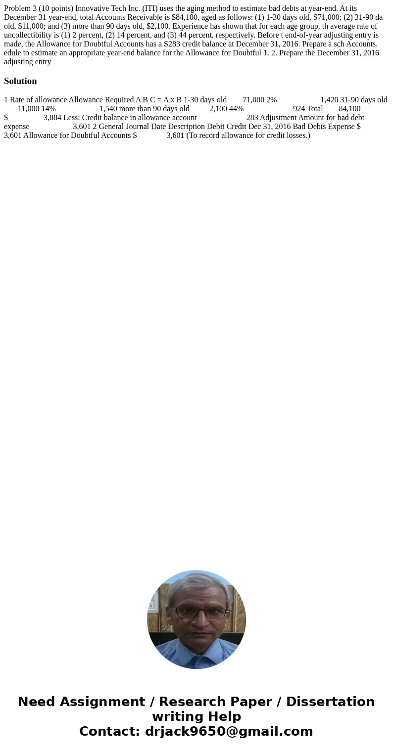 Problem 3 (10 points) Innovative Tech Inc. (ITI) uses the aging method to estimate bad debts at year-end. At its December 31 year-end, total Accounts Receivabl  Problem 3 (10 points) Innovative Tech Inc. (ITI) uses the aging method to estimate bad debts at year-end. At its December 31 year-end, total Accounts Receivabl
