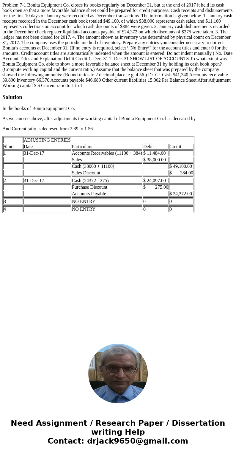 Problem 7-1 Bonita Equipment Co. closes its books regularly on December 31, but at the end of 2017 it held its cash book open so that a more favorable balance s
