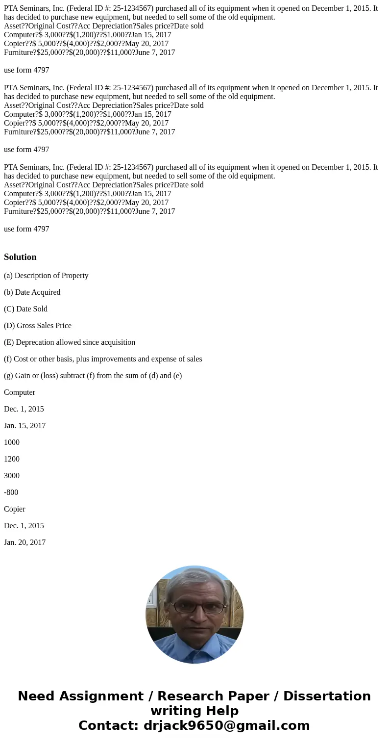  PTA Seminars, Inc. (Federal ID #: 25-1234567) purchased all of its equipment when it opened on December 1, 2015. It has decided to purchase new equipment, but 
