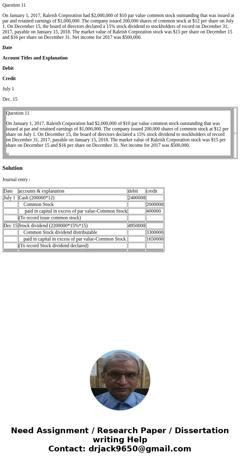 Question 11 On January 1, 2017, Raleish Corporation had $2,000,000 of $10 par value common stock outstanding that was issued at par and retained earnings of $1,