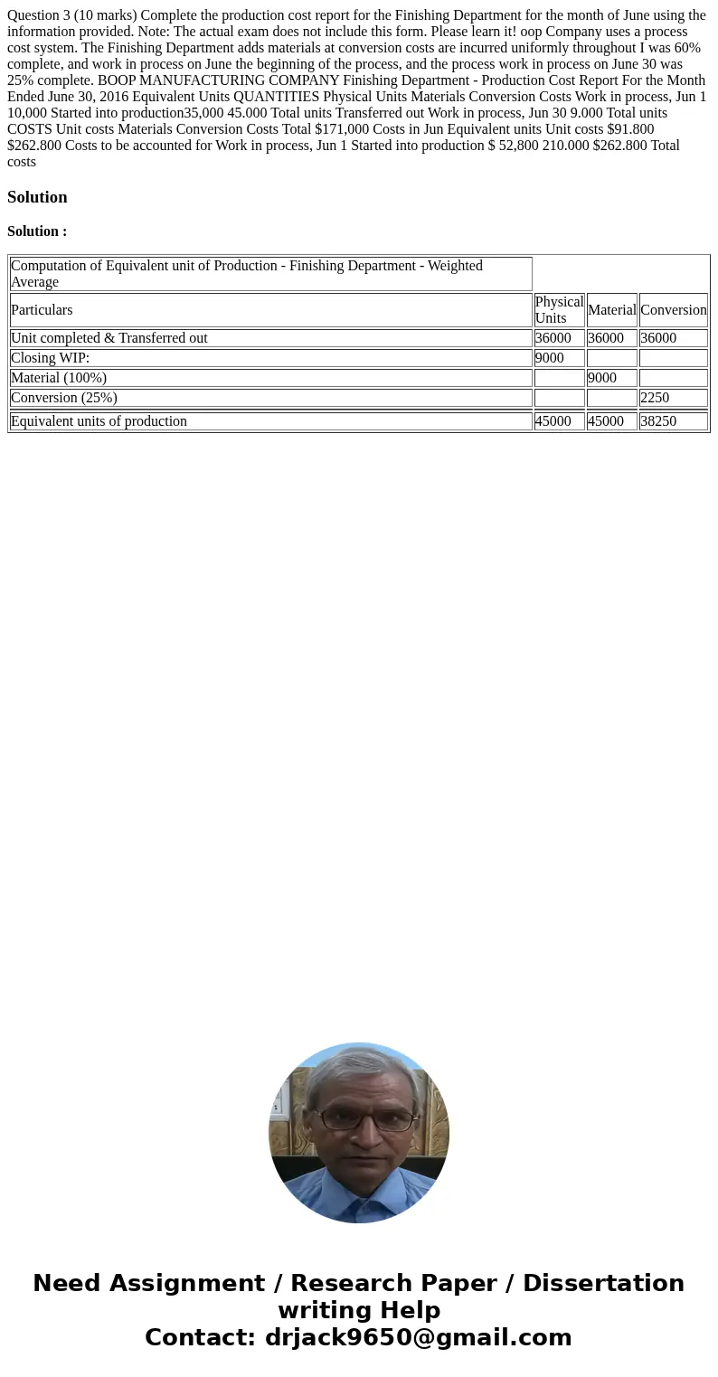  Question 3 (10 marks) Complete the production cost report for the Finishing Department for the month of June using the information provided. Note: The actual e