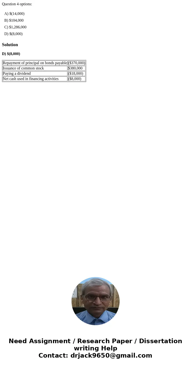 Question 4 options: A) $(14,000) B) $104,000 C) $1,286,000 D) $(8,000) SolutionD) $(8,000) Repayment of principal on bonds payable ($370,000) Issuance of common Question 4 options: A) $(14,000) B) $104,000 C) $1,286,000 D) $(8,000) SolutionD) $(8,000) Repayment of principal on bonds payable ($370,000) Issuance of common