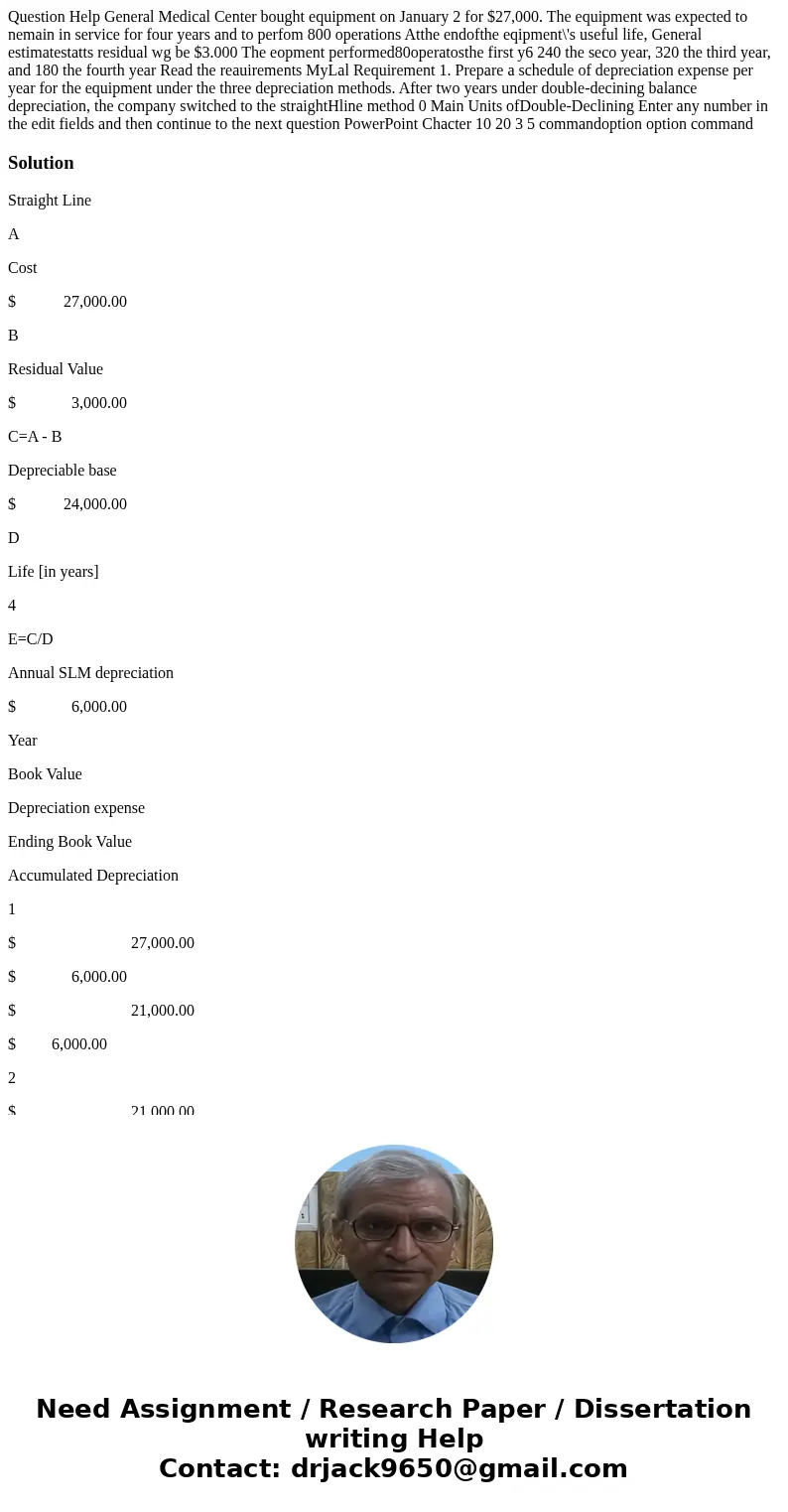  Question Help General Medical Center bought equipment on January 2 for $27,000. The equipment was expected to nemain in service for four years and to perfom 80