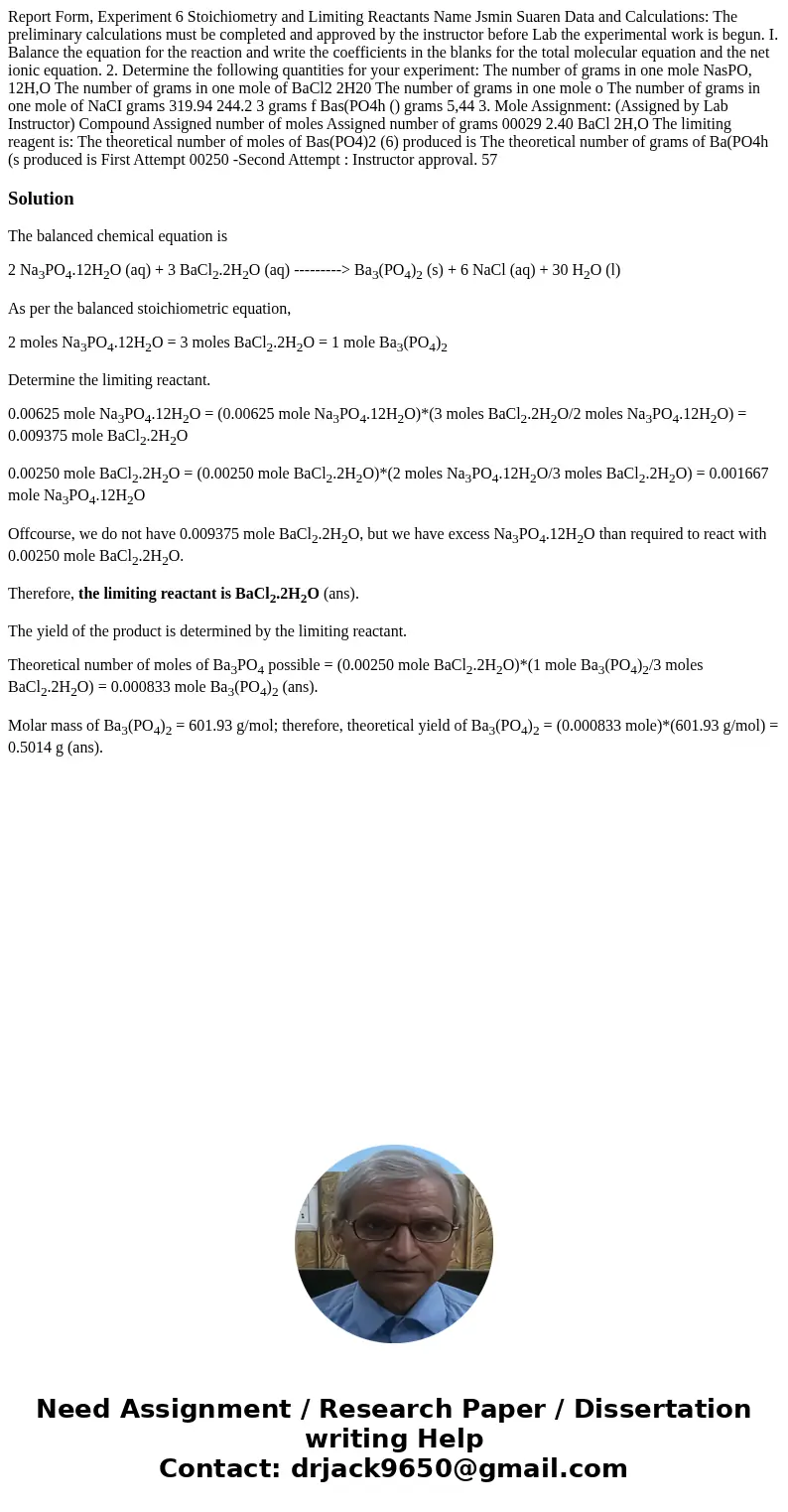Report Form, Experiment 6 Stoichiometry and Limiting Reactants Name Jsmin Suaren Data and Calculations: The preliminary calculations must be completed and appr  Report Form, Experiment 6 Stoichiometry and Limiting Reactants Name Jsmin Suaren Data and Calculations: The preliminary calculations must be completed and appr