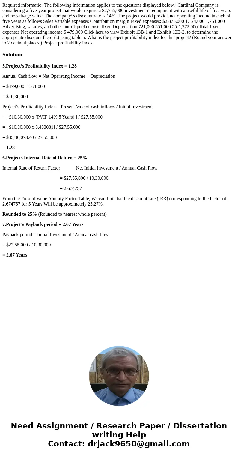 Required informatio [The following information applies to the questions displayed below.] Cardinal Company is considering a five-year project that would requir