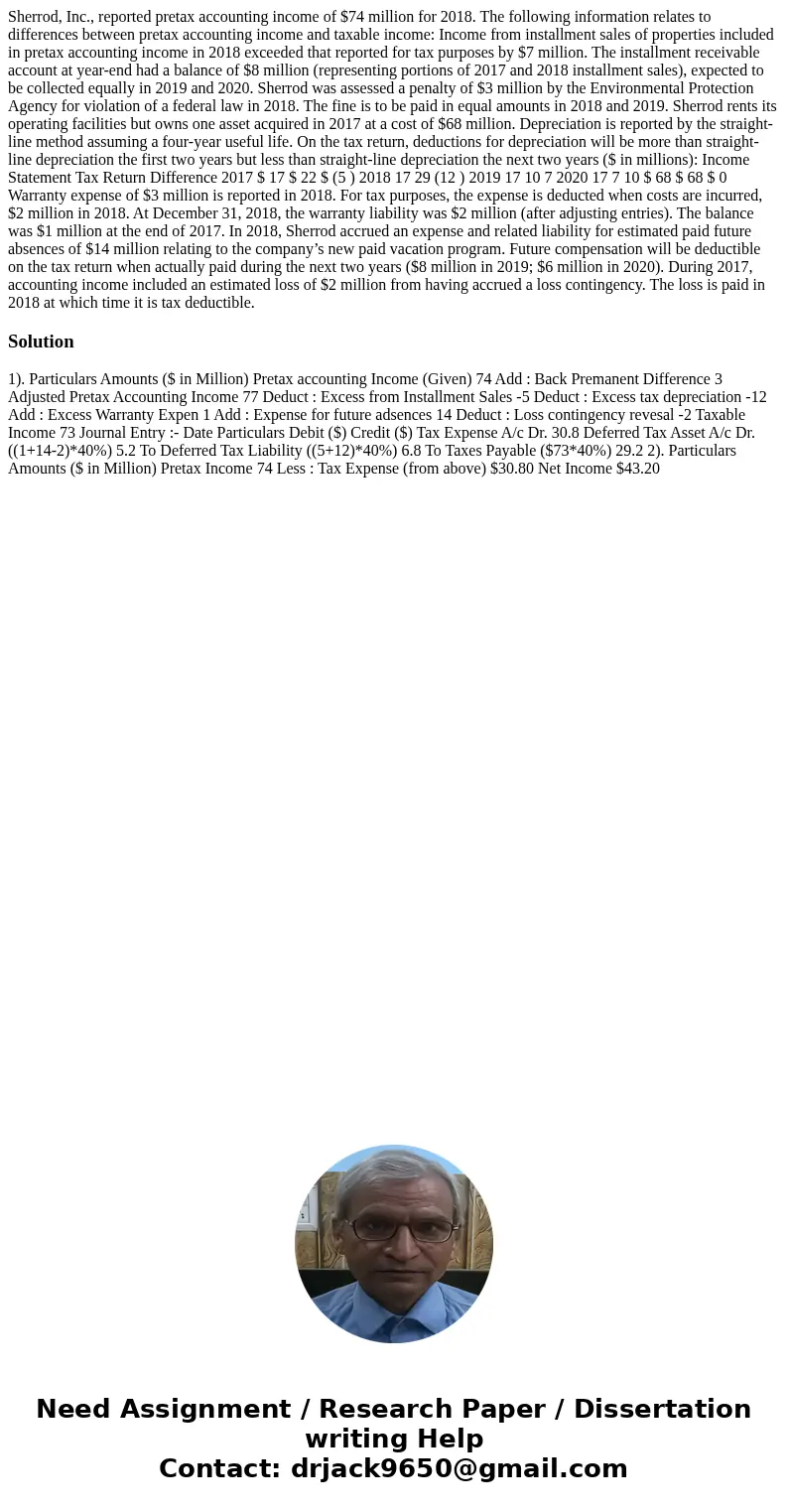 Sherrod, Inc., reported pretax accounting income of $74 million for 2018. The following information relates to differences between pretax accounting income and  Sherrod, Inc., reported pretax accounting income of $74 million for 2018. The following information relates to differences between pretax accounting income and