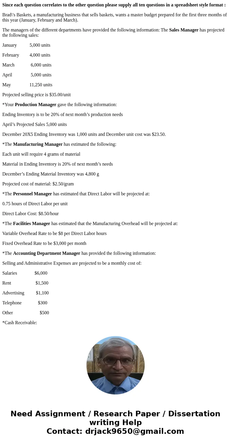 Since each question correlates to the other question please supply all ten questions in a spreadsheet style format : Brad\'s Baskets, a manufacturing business t Since each question correlates to the other question please supply all ten questions in a spreadsheet style format : Brad\'s Baskets, a manufacturing business t