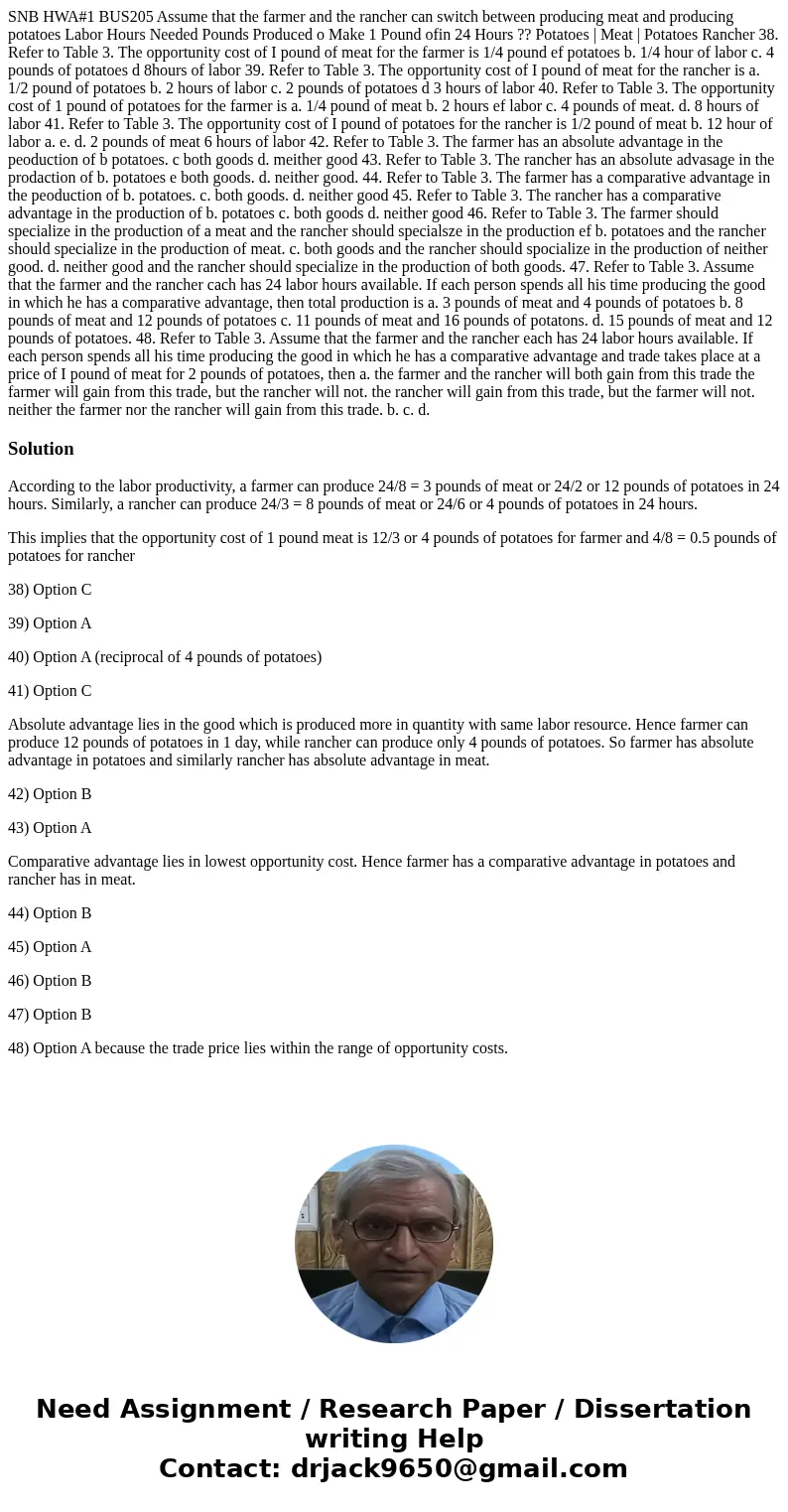  SNB HWA#1 BUS205 Assume that the farmer and the rancher can switch between producing meat and producing potatoes Labor Hours Needed Pounds Produced o Make 1 Po