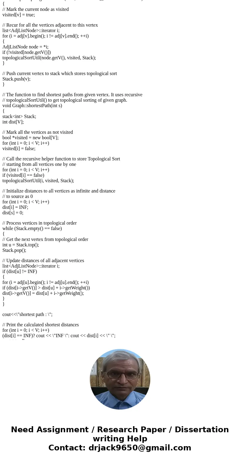 start end Solution// C++ program to find single source shortest paths for Directed Acyclic Graphs #include<iostream> #include <list> #include <s  start end Solution// C++ program to find single source shortest paths for Directed Acyclic Graphs #include<iostream> #include <list> #include <s