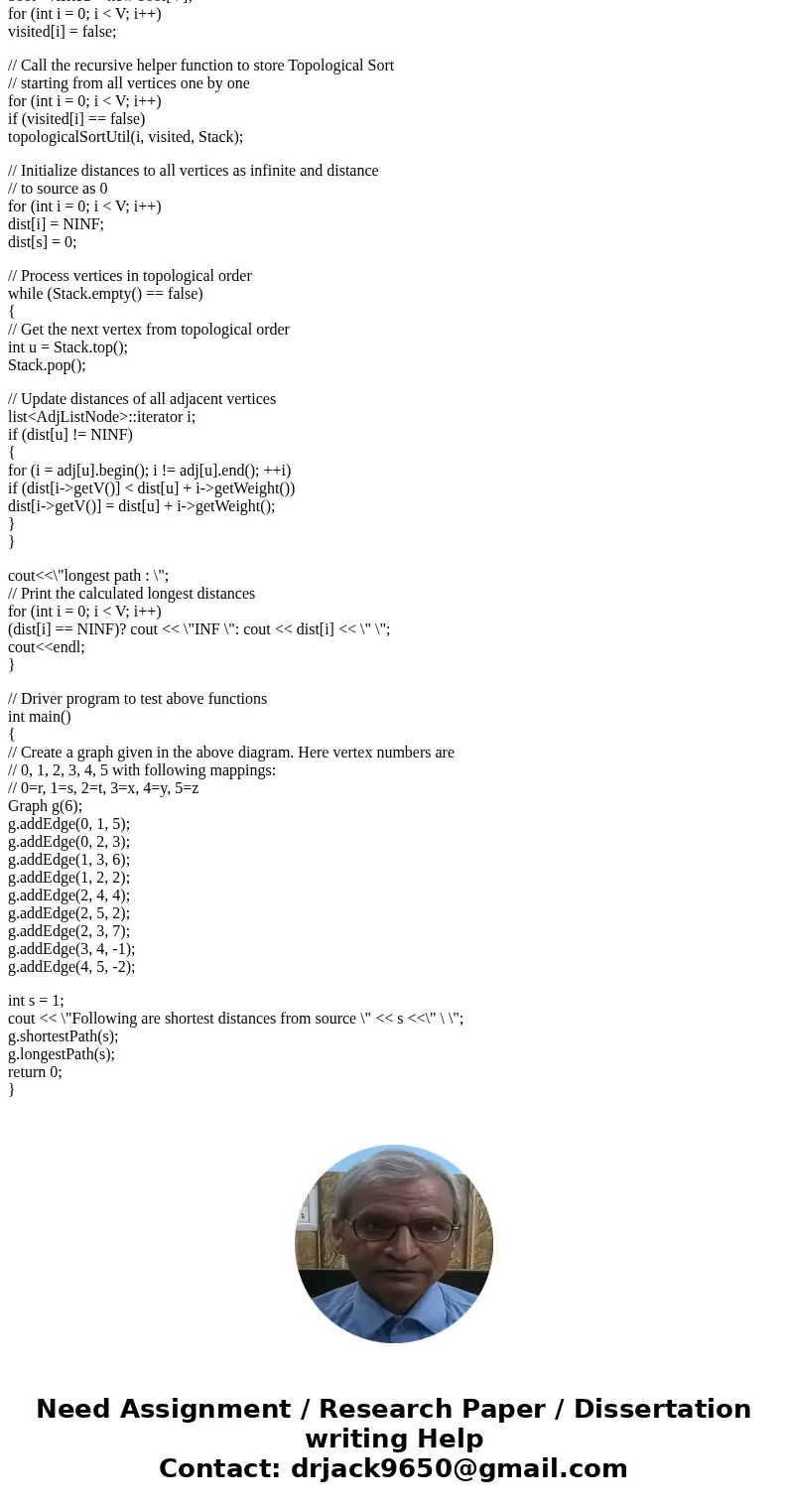 start end Solution// C++ program to find single source shortest paths for Directed Acyclic Graphs #include<iostream> #include <list> #include <s  start end Solution// C++ program to find single source shortest paths for Directed Acyclic Graphs #include<iostream> #include <list> #include <s