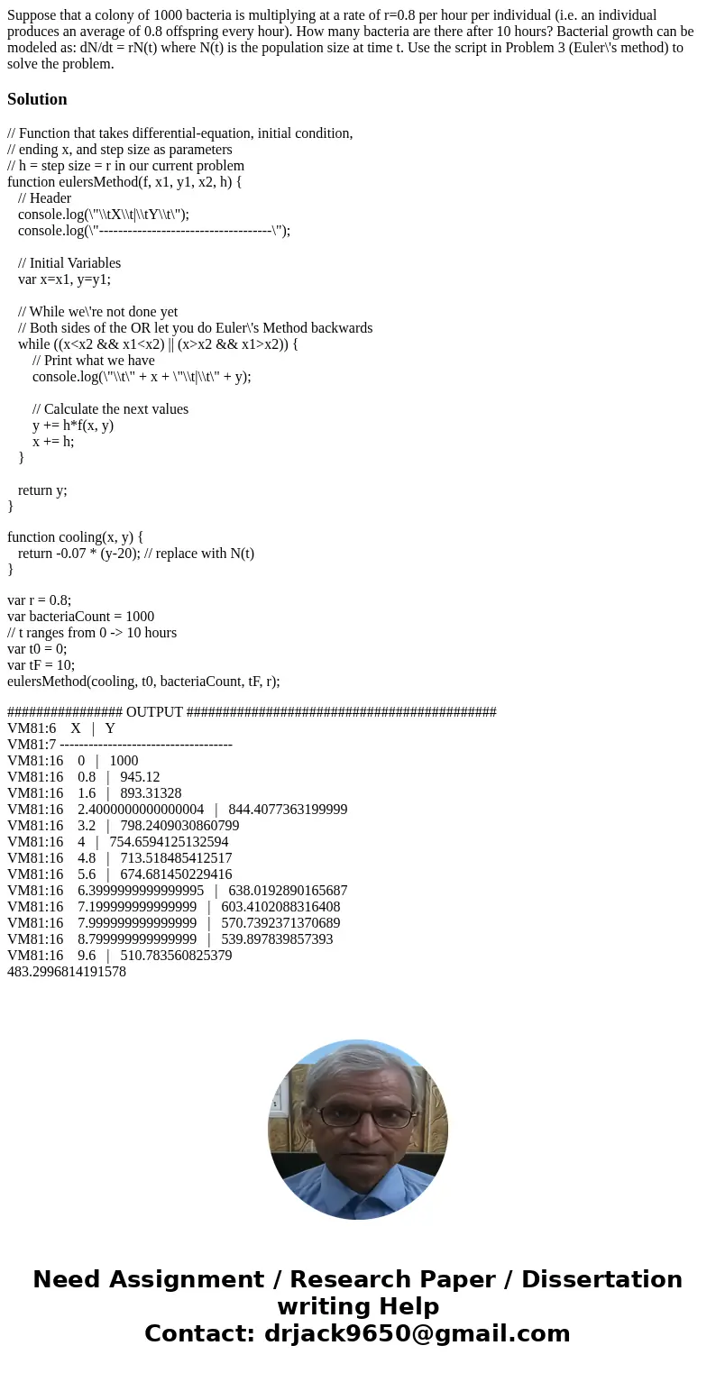 Suppose that a colony of 1000 bacteria is multiplying at a rate of r=0.8 per hour per individual (i.e. an individual produces an average of 0.8 offspring every  Suppose that a colony of 1000 bacteria is multiplying at a rate of r=0.8 per hour per individual (i.e. an individual produces an average of 0.8 offspring every