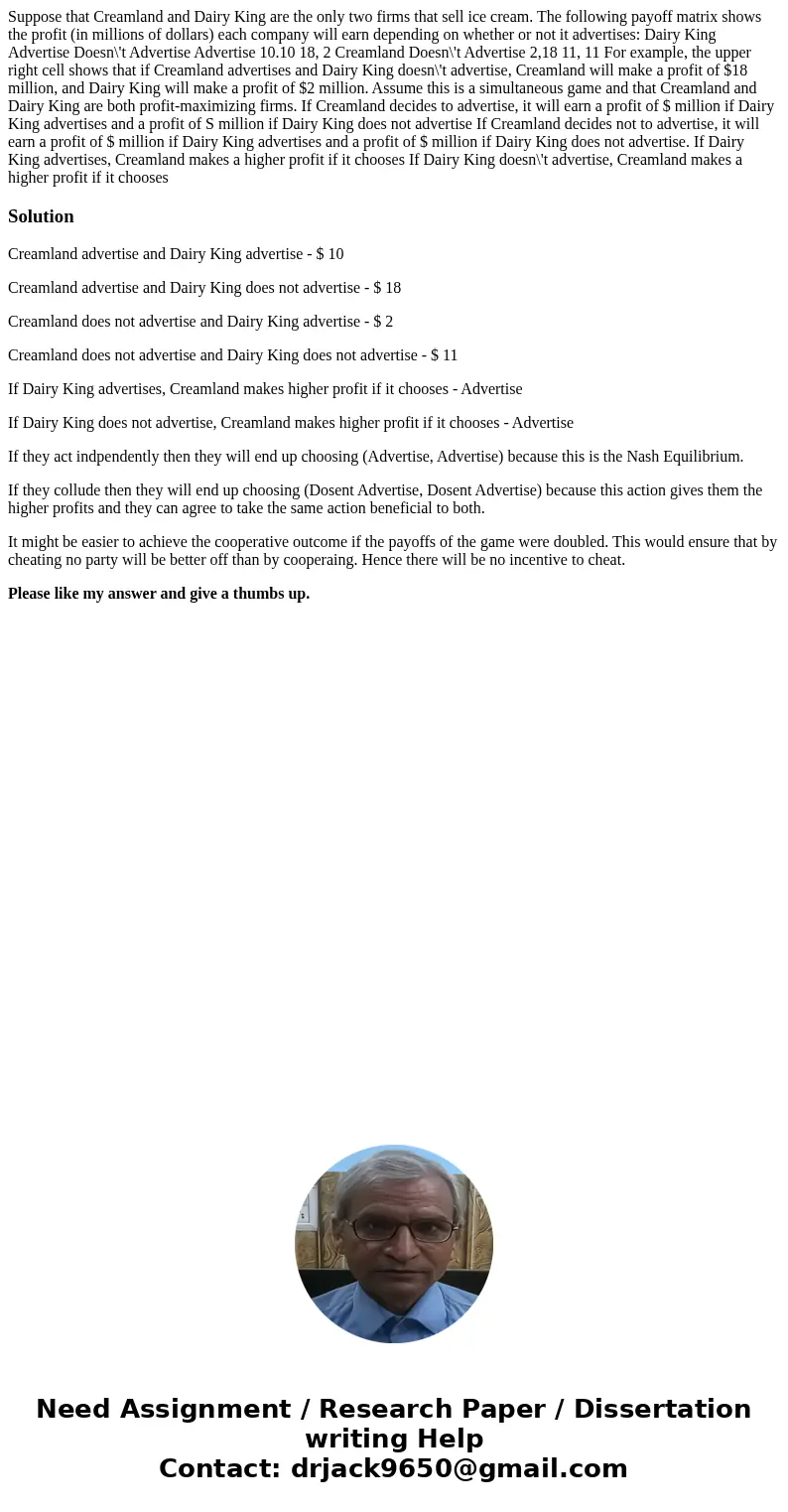 Suppose that Creamland and Dairy King are the only two firms that sell ice cream. The following payoff matrix shows the profit (in millions of dollars) each co  Suppose that Creamland and Dairy King are the only two firms that sell ice cream. The following payoff matrix shows the profit (in millions of dollars) each co