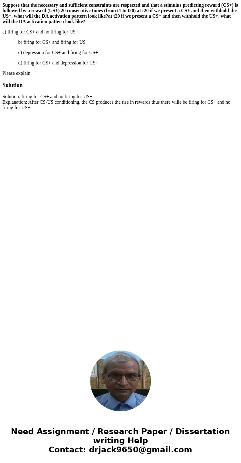 Suppose that the necessary and sufficient constraints are respected and that a stimulus predicting reward (CS+) is followed by a reward (US+) 20 consecutive tim Suppose that the necessary and sufficient constraints are respected and that a stimulus predicting reward (CS+) is followed by a reward (US+) 20 consecutive tim