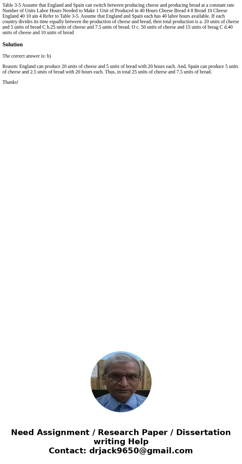 Table 3-5 Assume that England and Spain can switch between producing cheese and producing bread at a constant rate Number of Units Labor Hours Needed to Make 1  Table 3-5 Assume that England and Spain can switch between producing cheese and producing bread at a constant rate Number of Units Labor Hours Needed to Make 1