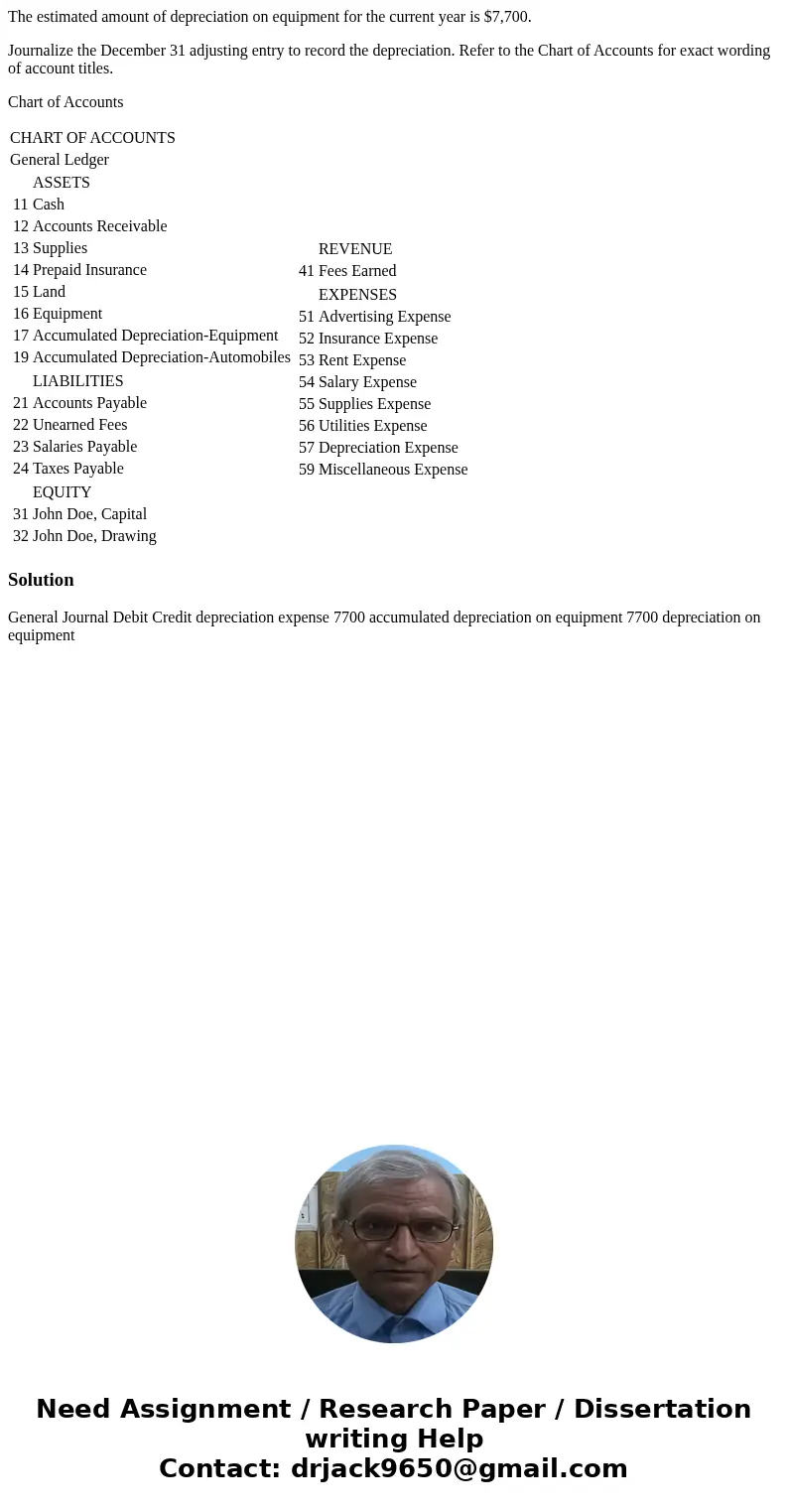 The estimated amount of depreciation on equipment for the current year is $7,700. Journalize the December 31 adjusting entry to record the depreciation. Refer t