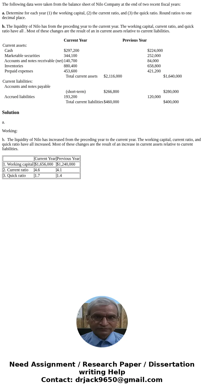 The following data were taken from the balance sheet of Nilo Company at the end of two recent fiscal years: a. Determine for each year (1) the working capital, 