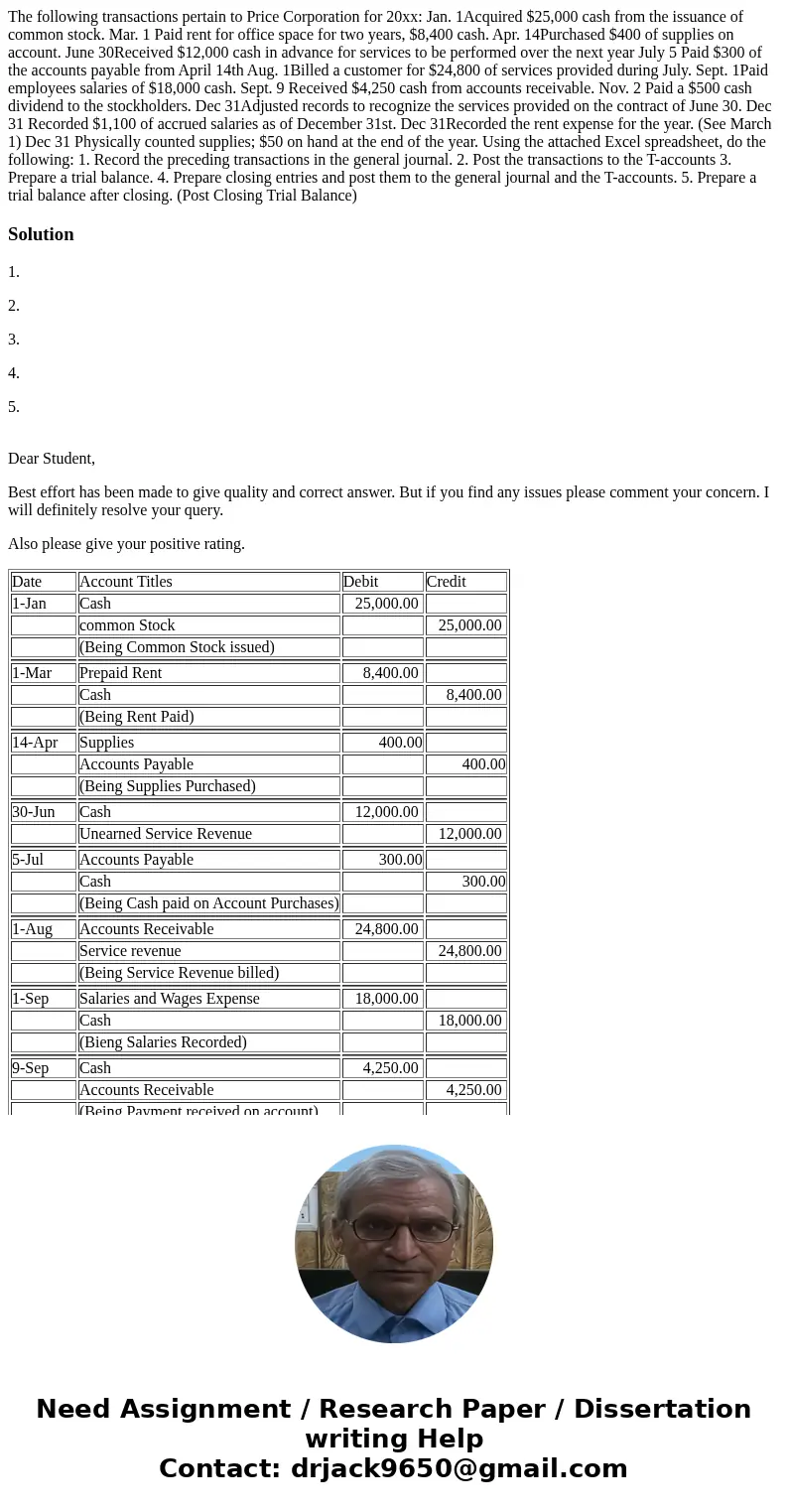 The following transactions pertain to Price Corporation for 20xx: Jan. 1Acquired $25,000 cash from the issuance of common stock. Mar. 1 Paid rent for office sp  The following transactions pertain to Price Corporation for 20xx: Jan. 1Acquired $25,000 cash from the issuance of common stock. Mar. 1 Paid rent for office sp