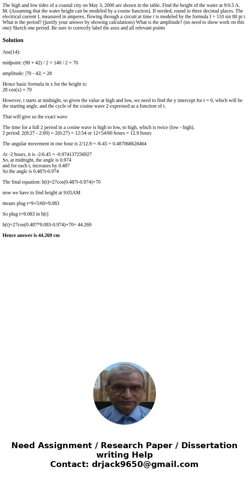 The high and low tides of a coastal city on May 3, 2000 are shown in the table. Find the height of the water at 9:0.5 A. M. (Assuming that the water height can  The high and low tides of a coastal city on May 3, 2000 are shown in the table. Find the height of the water at 9:0.5 A. M. (Assuming that the water height can