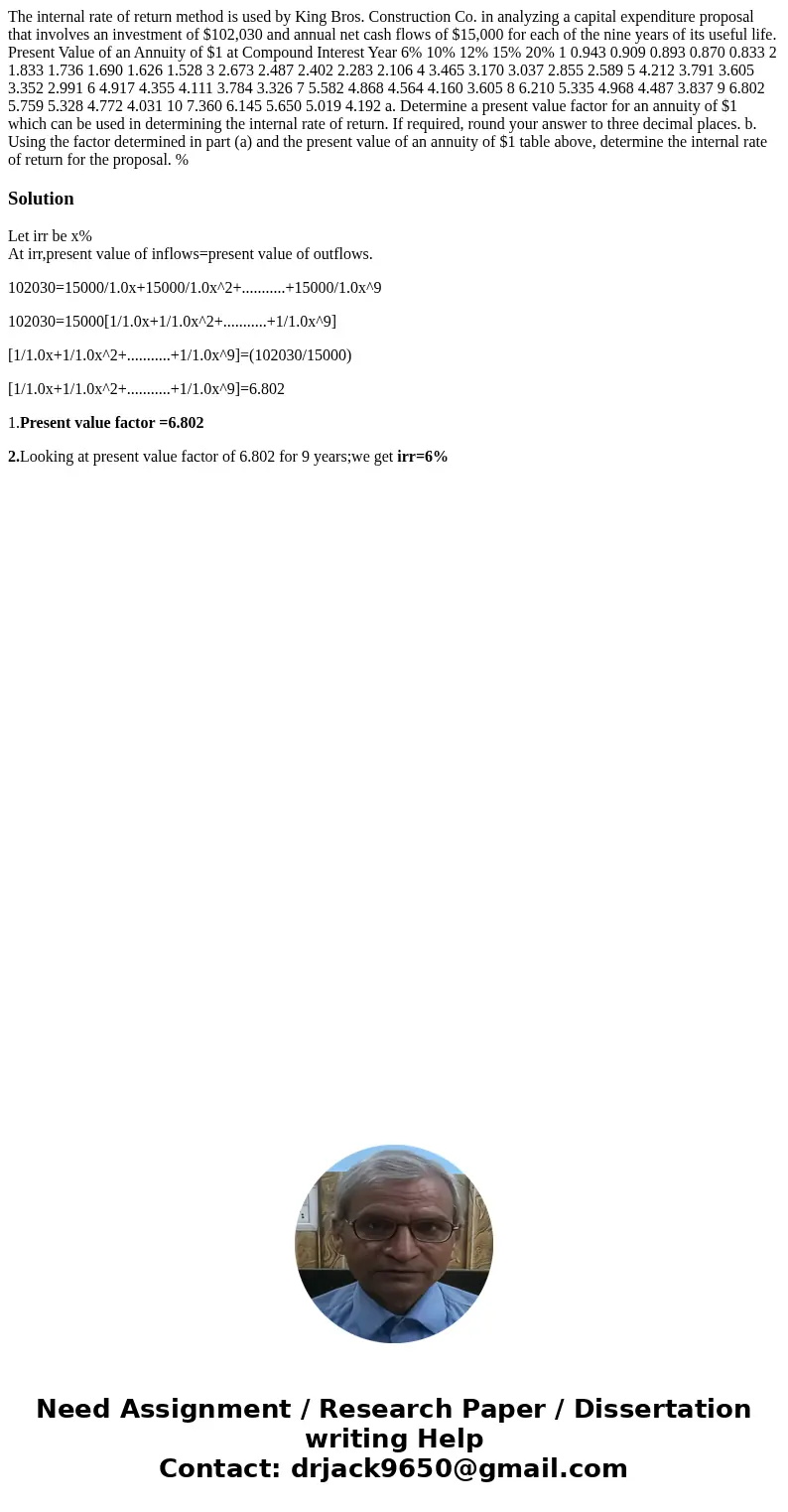 The internal rate of return method is used by King Bros. Construction Co. in analyzing a capital expenditure proposal that involves an investment of $102,030 an The internal rate of return method is used by King Bros. Construction Co. in analyzing a capital expenditure proposal that involves an investment of $102,030 an