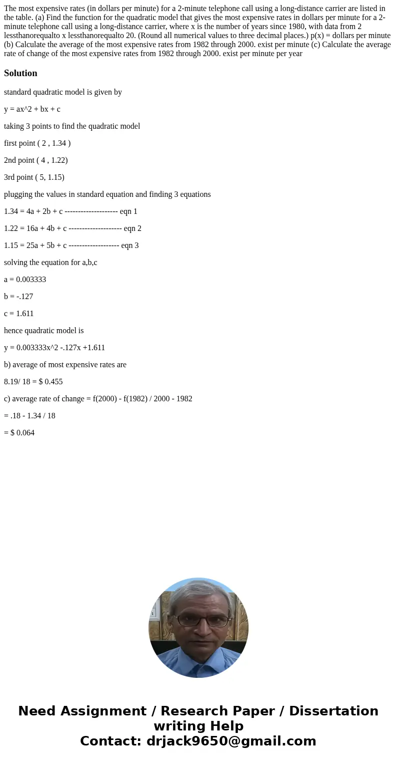 The most expensive rates (in dollars per minute) for a 2-minute telephone call using a long-distance carrier are listed in the table. (a) Find the function for  The most expensive rates (in dollars per minute) for a 2-minute telephone call using a long-distance carrier are listed in the table. (a) Find the function for